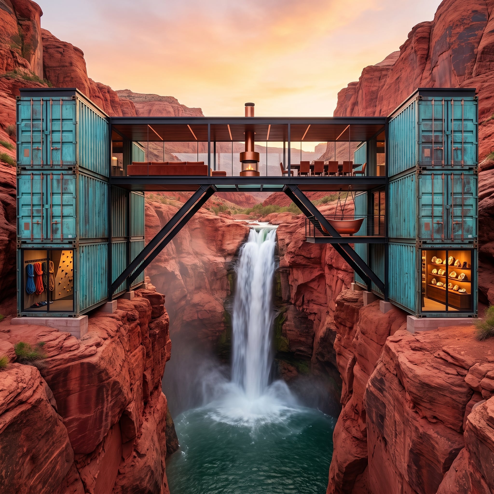 Red Rock Canyon, a Waterfall Below, and Six Containers Bridging the Gap