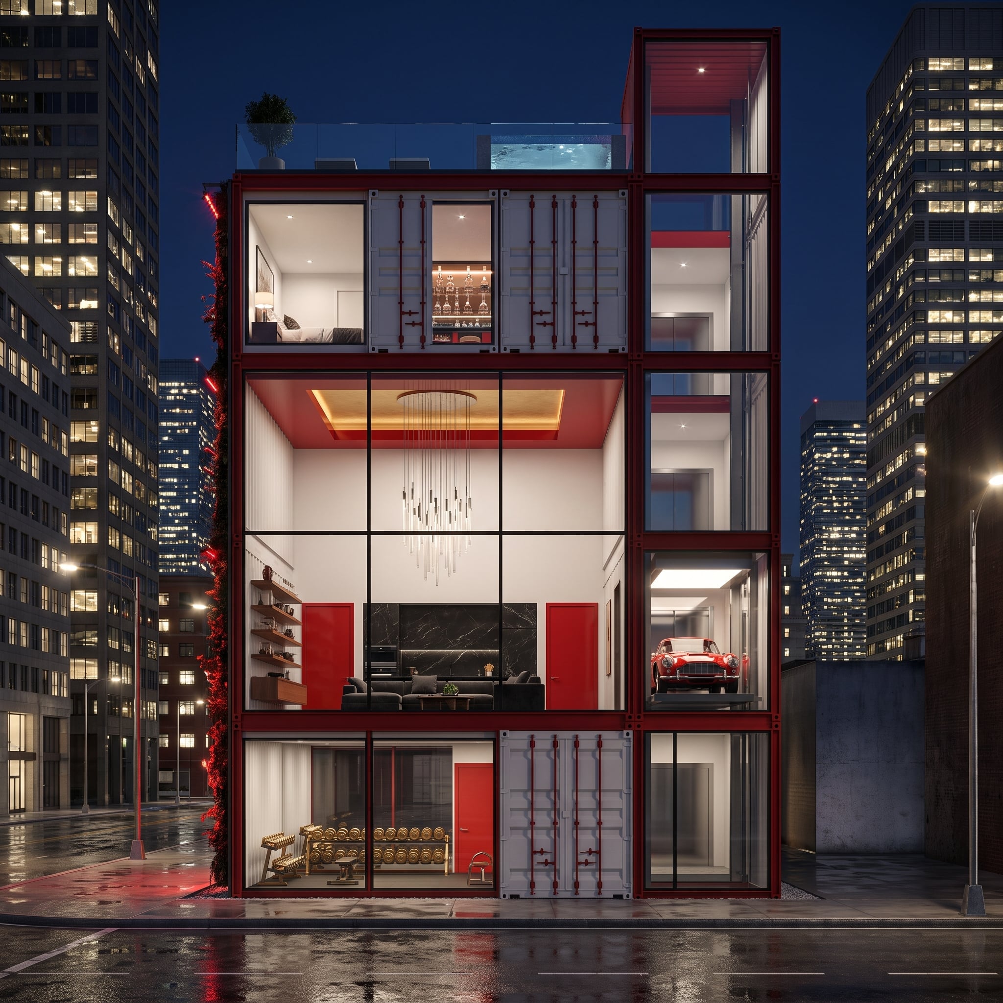 Red Steel, a Rooftop Pool, and One Classic Car Parked Three Floors Up