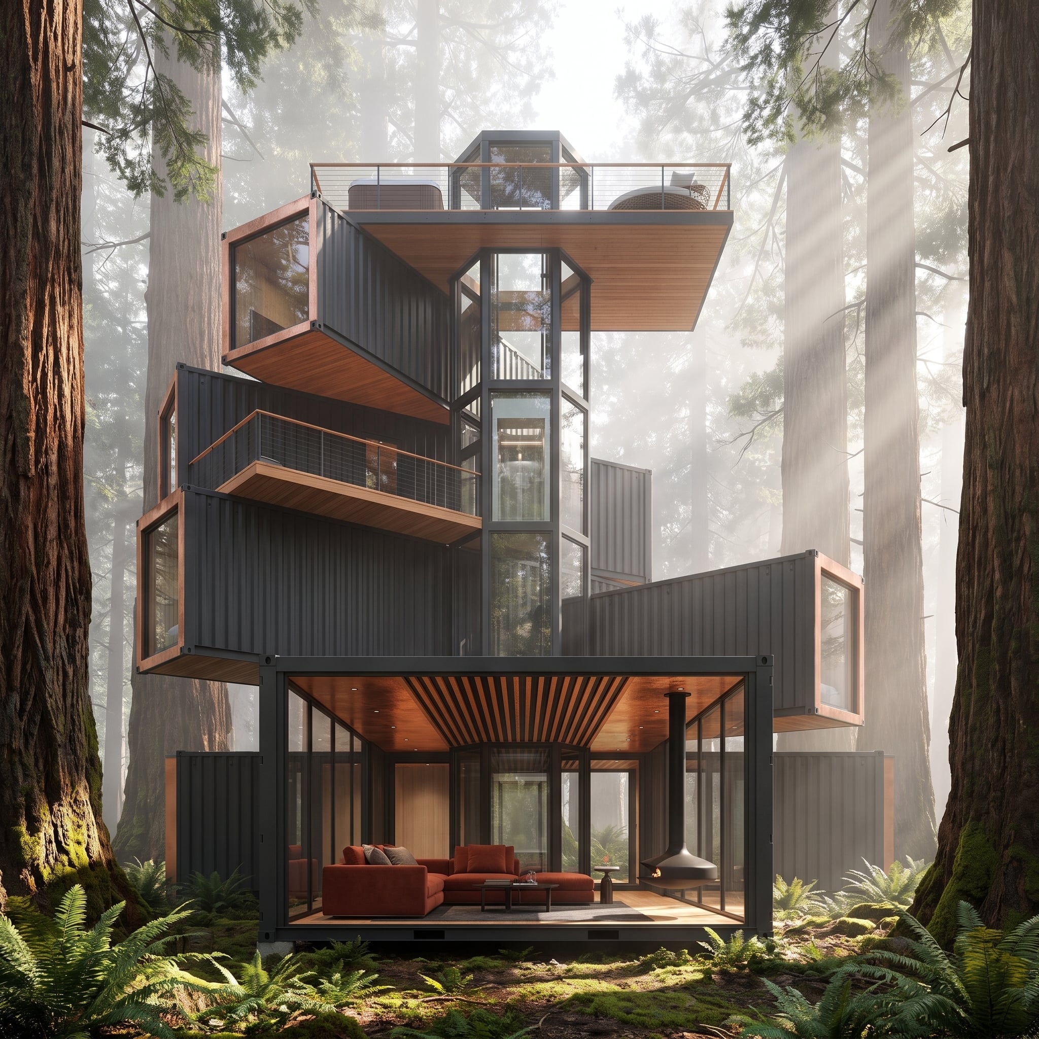 Redwood Giants, Black Corrugated Steel, and a Living Room That Forgot to Have Walls