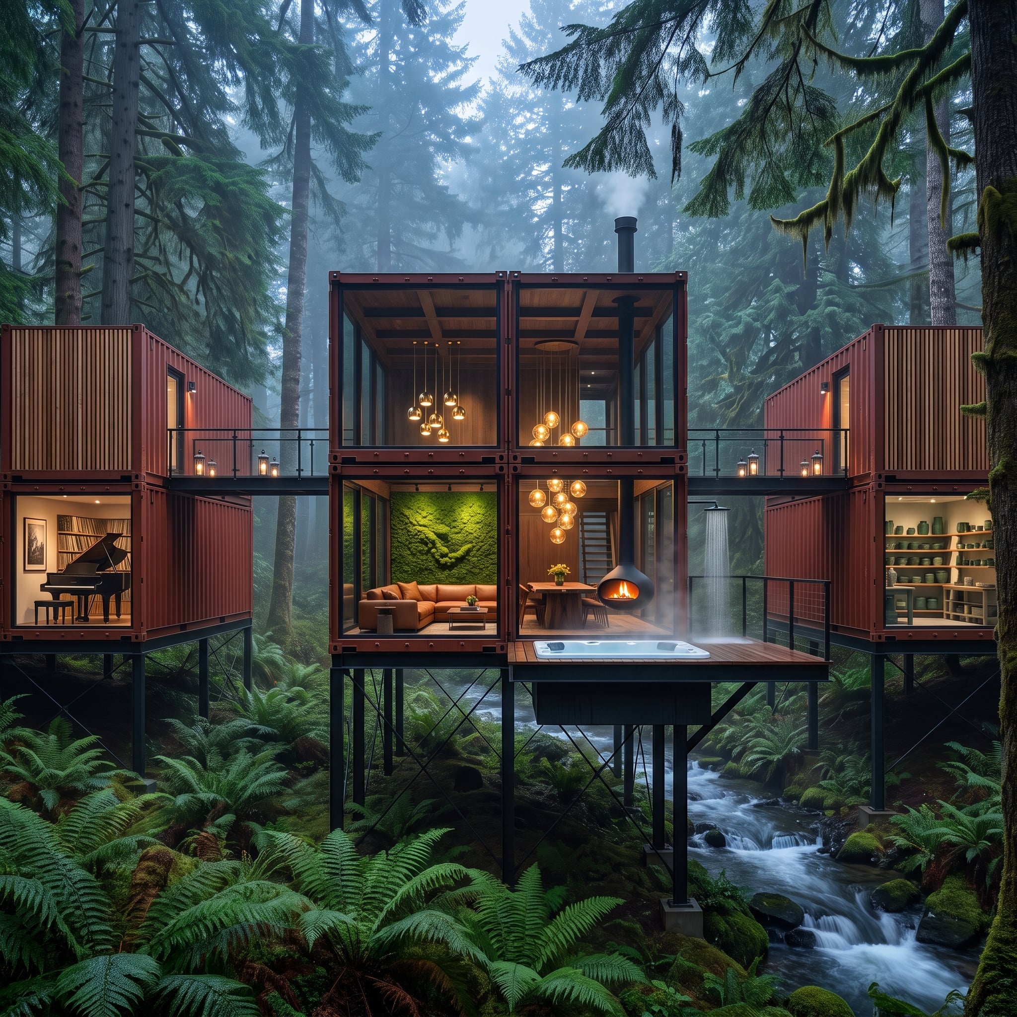Rust Steel, a Creek Below, and Twelve Containers Wrapped Around a Forest at Dusk