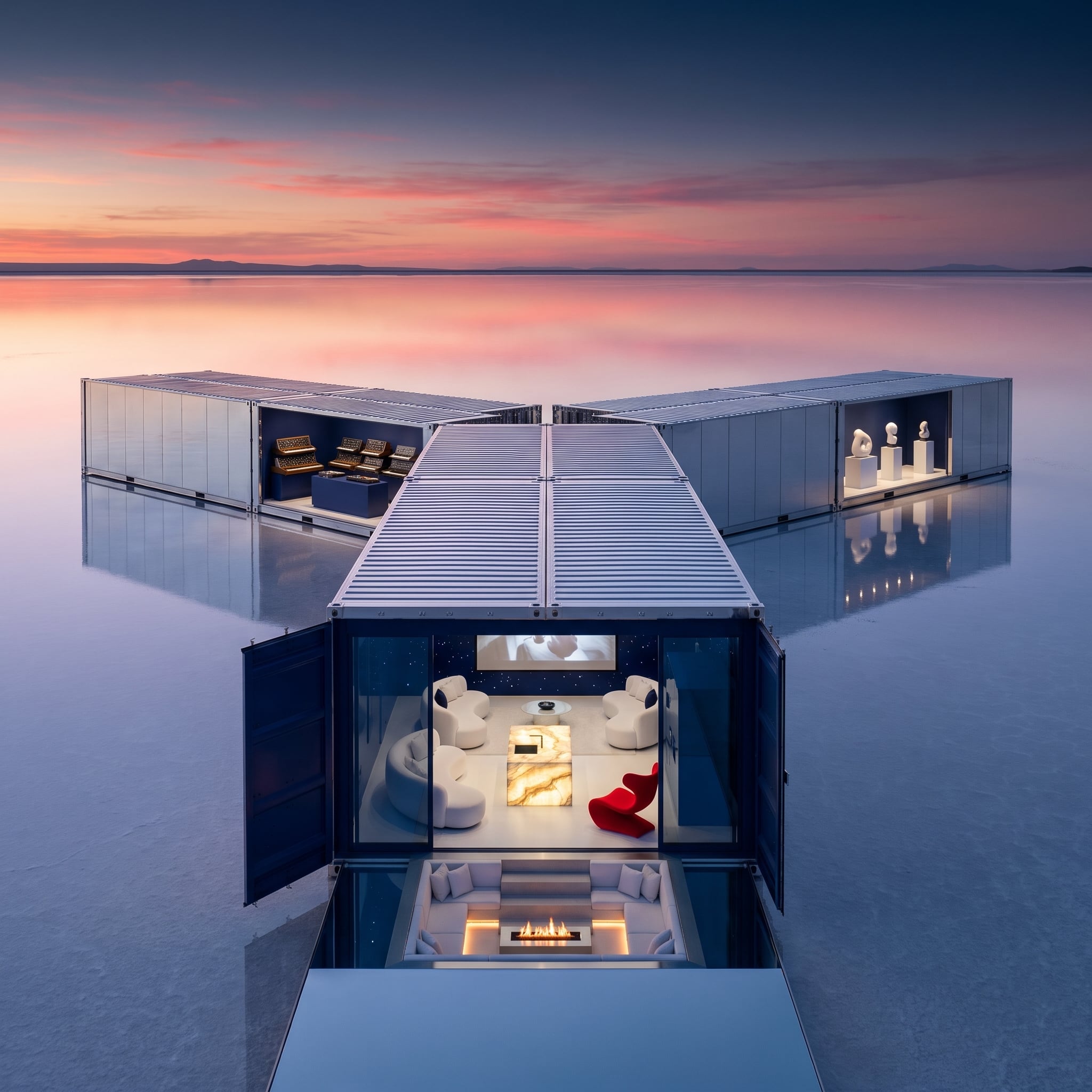 Salt Flats, Solar Louvers, and Three Container Modules Arranged in a V