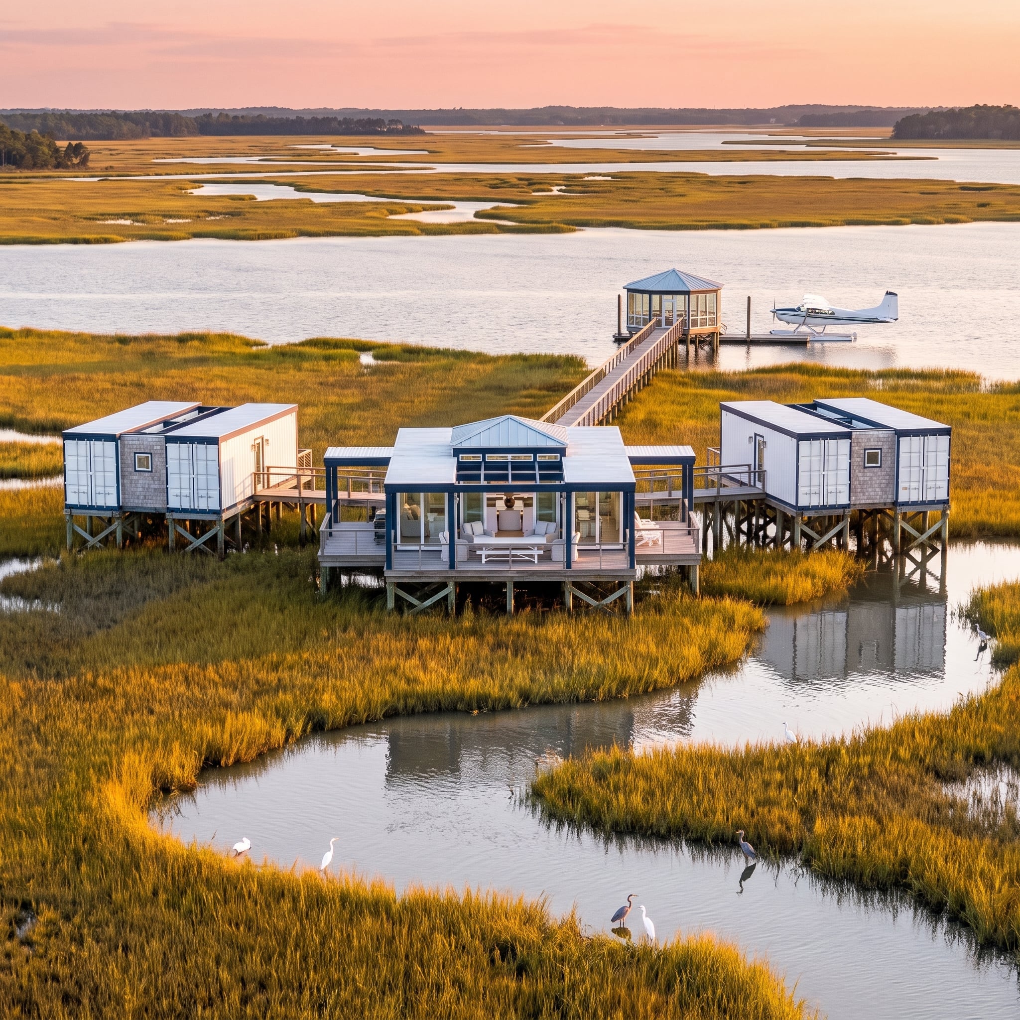 Salt Marsh, Seaplane Access, and Two Container Wings Facing Opposite Directions