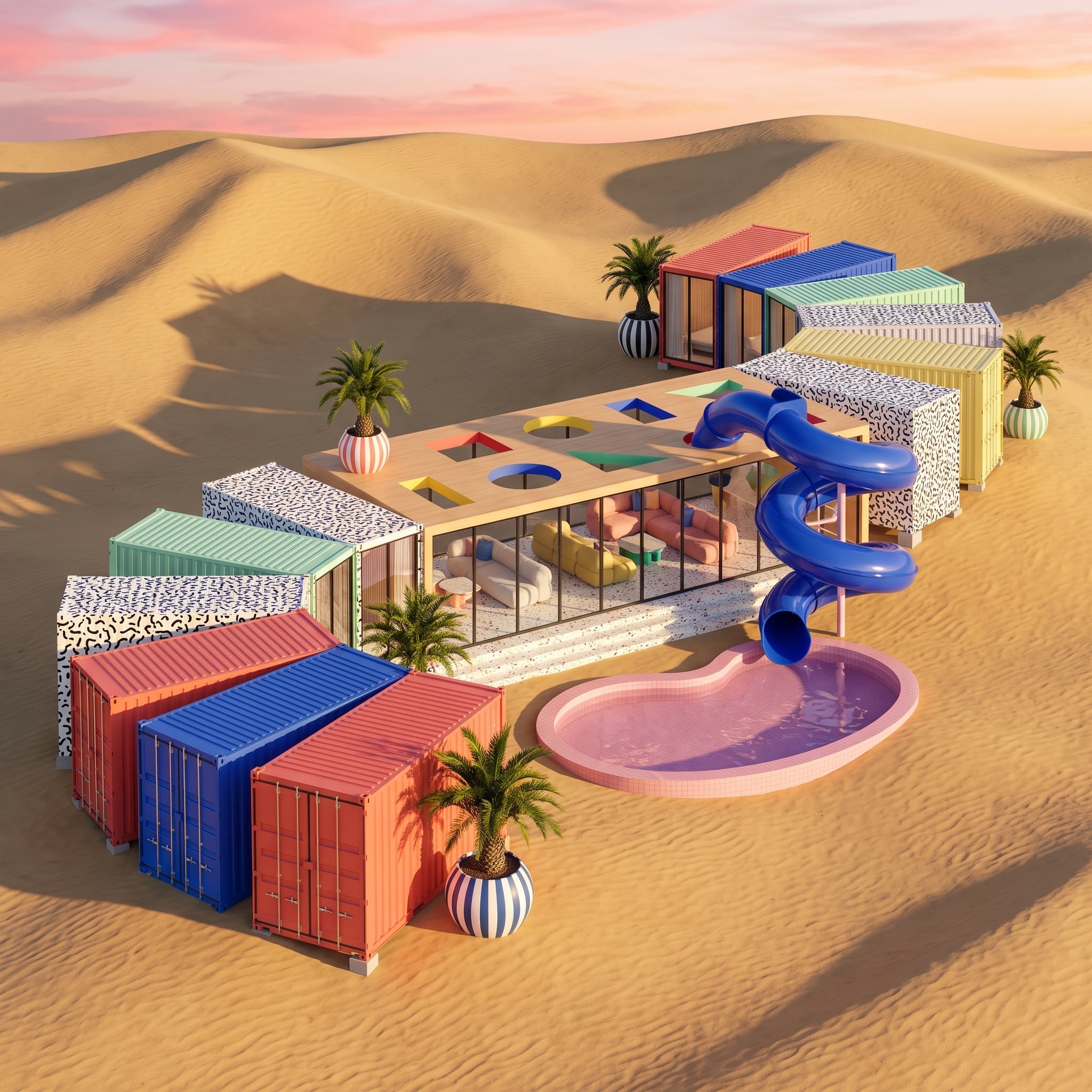 Sand Dunes, a Spiral Slide, and Twelve Containers Arranged Like a Desert Oasis