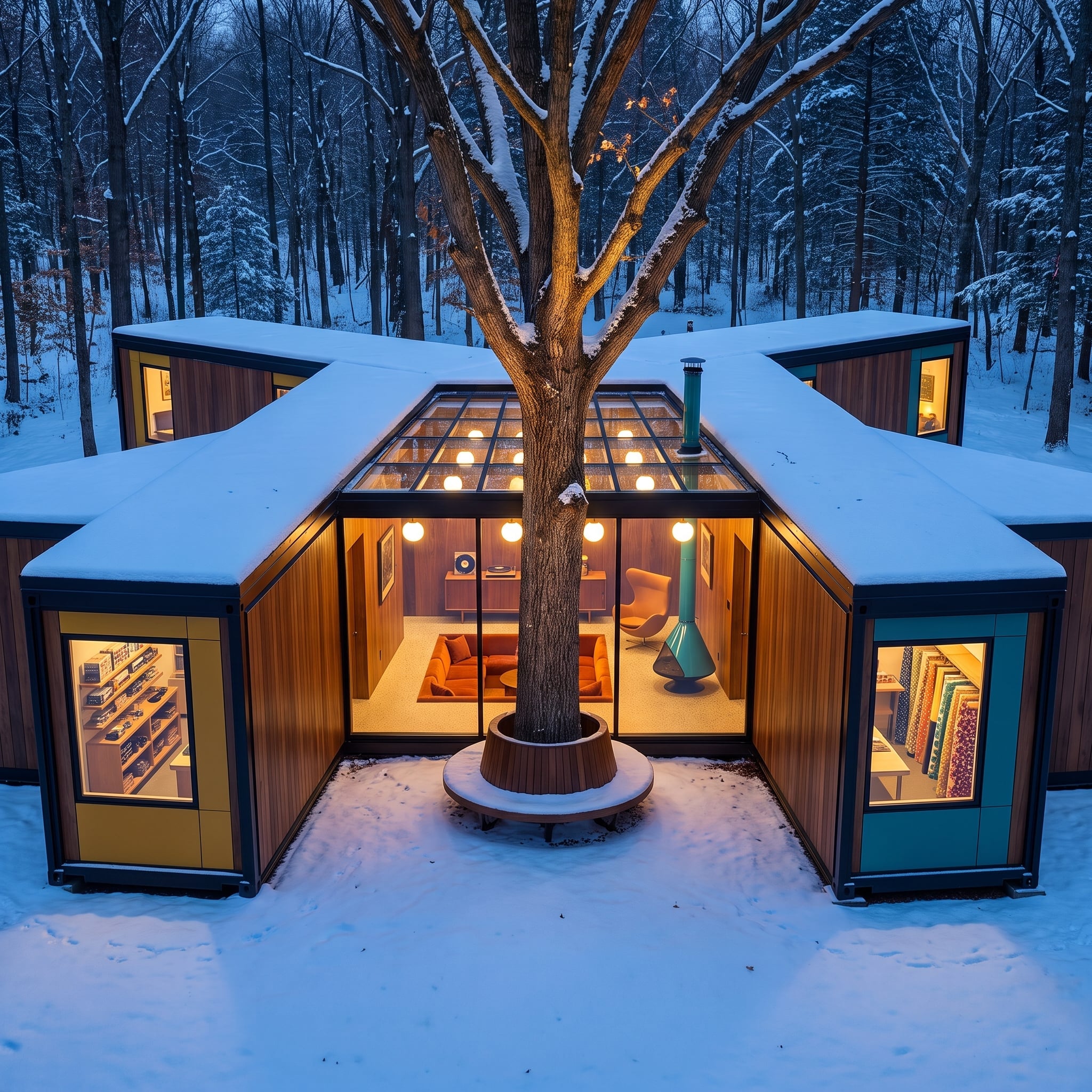 Snow-Covered Modules, a Living Tree at Center, and Mid-Century Warmth Glowing Through Glass