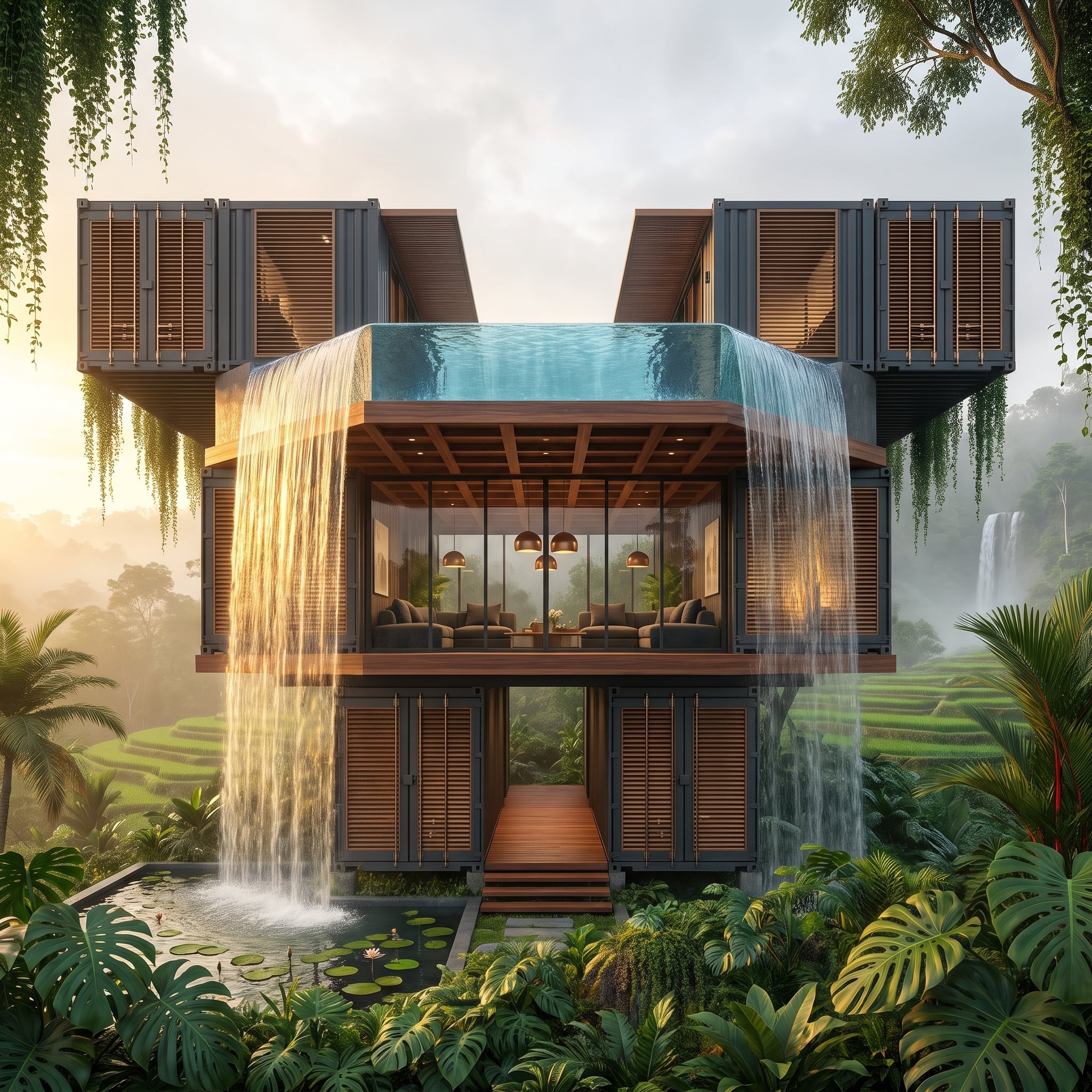 Waterfall Edges, Glass Pools, and a Lotus Pond That Catches the Overflow