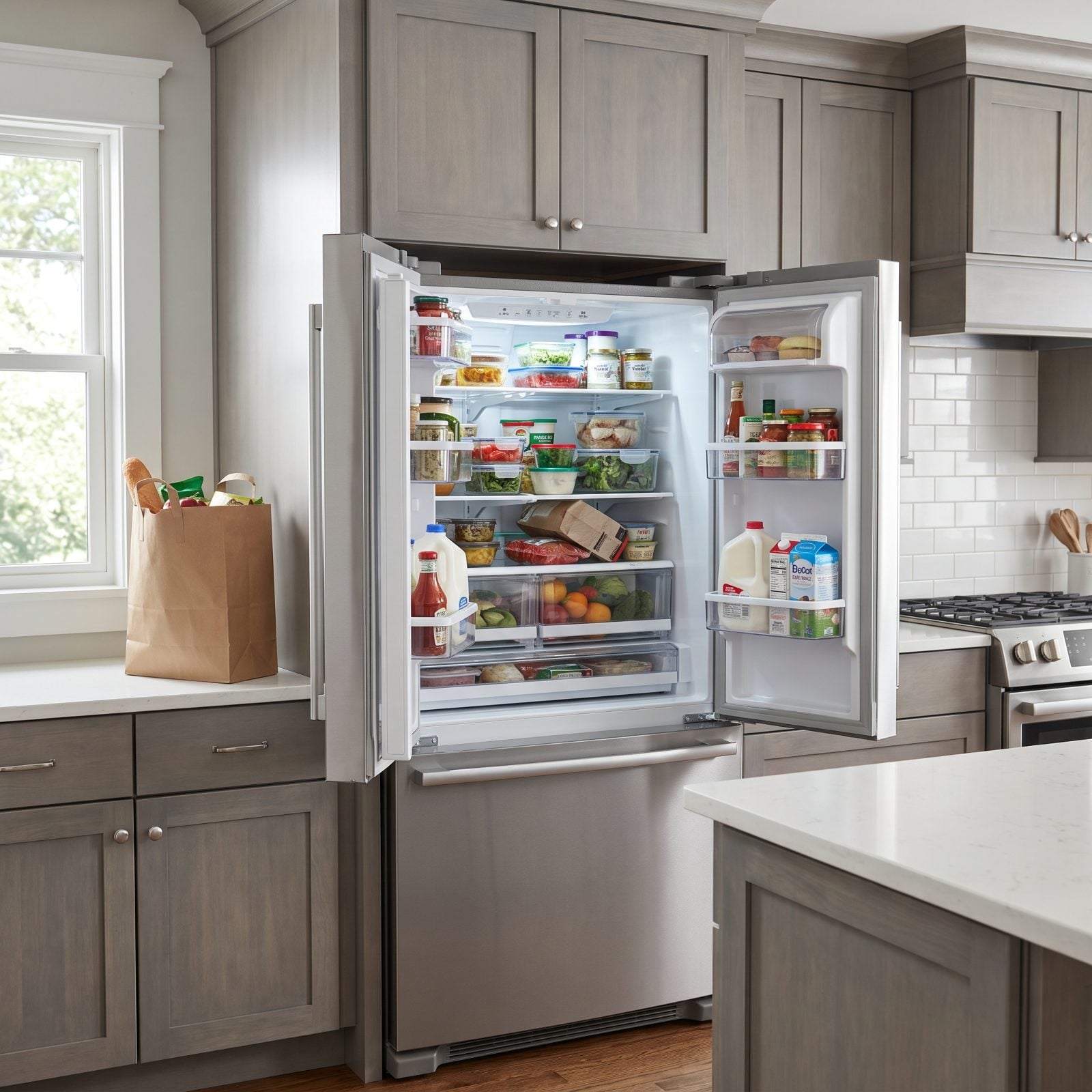 Flush counter-depth stainless refrigerator with French doors open, shelves fully packed and a few items stacked sideways to