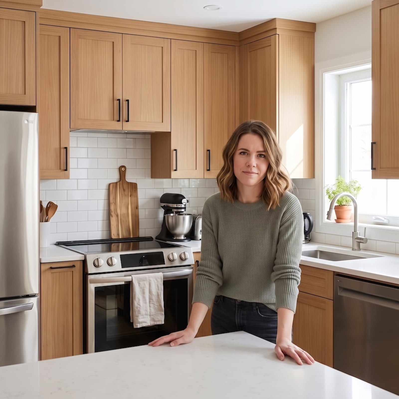 woman in kitchen with hands resting on island