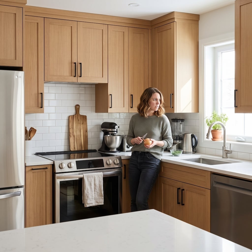 woman looking for more space on crowded kitchen counter