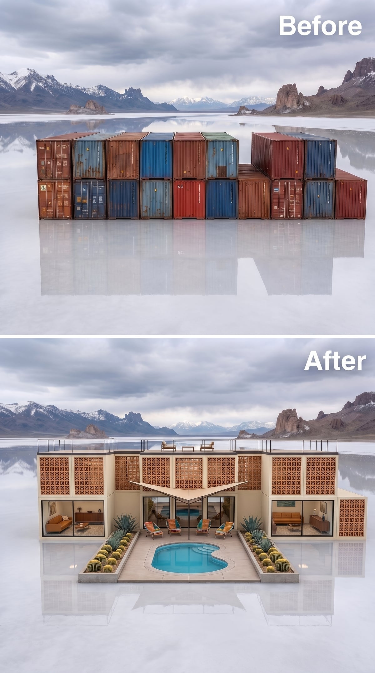 Terracotta breeze blocks, kidney-shaped pool and mid-century furnishings on the salt flat
