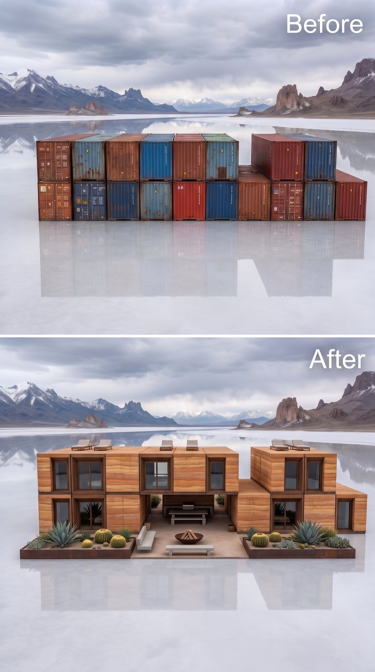Cedar-clad shipping containers arranged around a central courtyard with a fire bowl