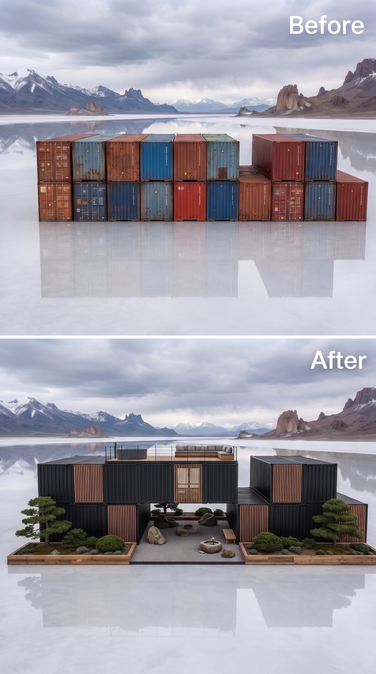 Charcoal shipping containers, cedar screens and a raked gravel courtyard