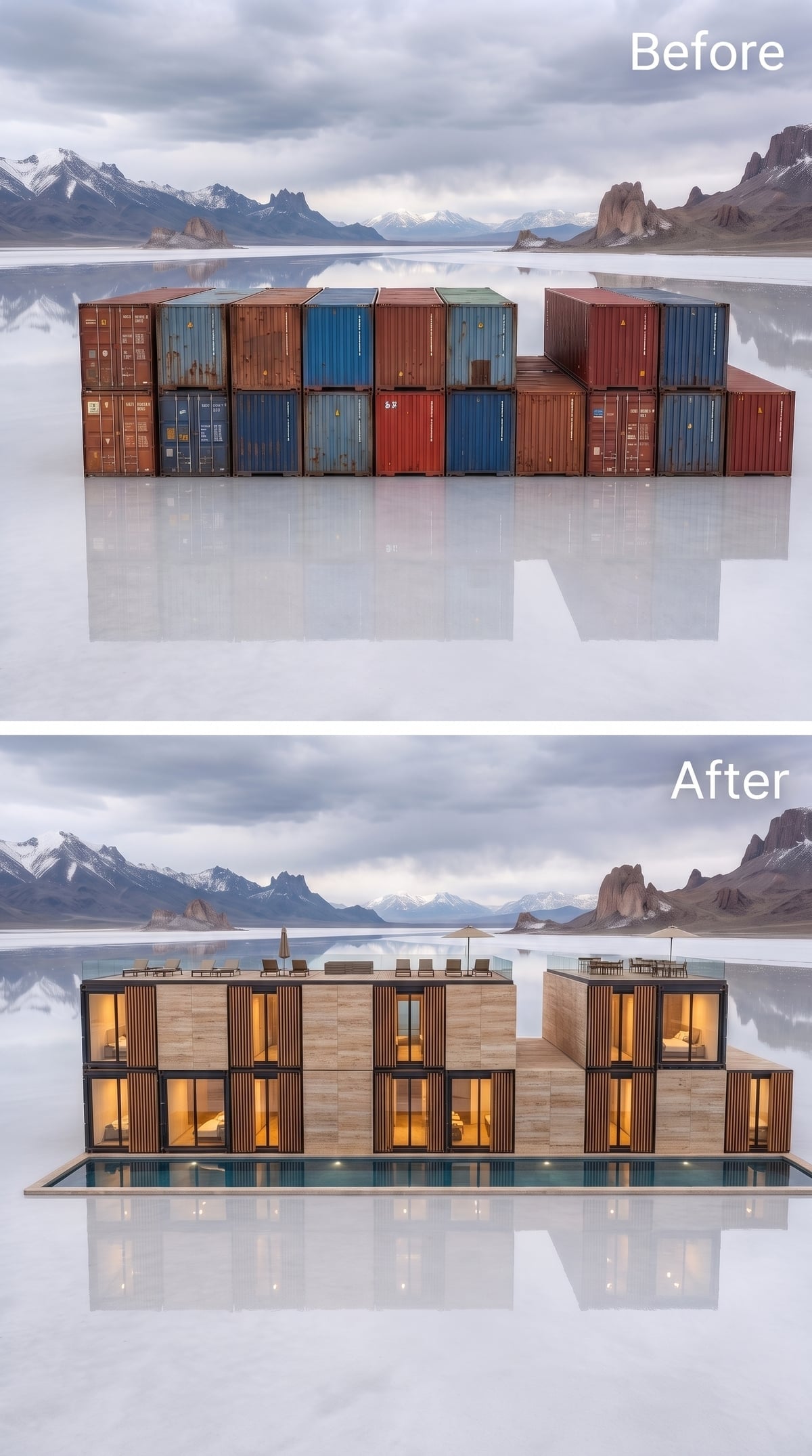Travertine-look cladding, teak louvers and rooftop lounging transform shipping containers