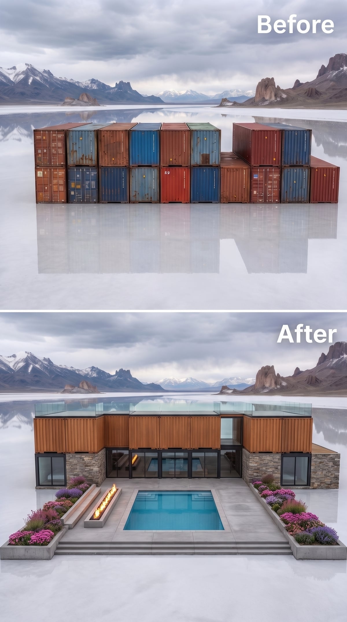 Weathering-steel cladding, lap pools and a linear fire feature against a white salt flat