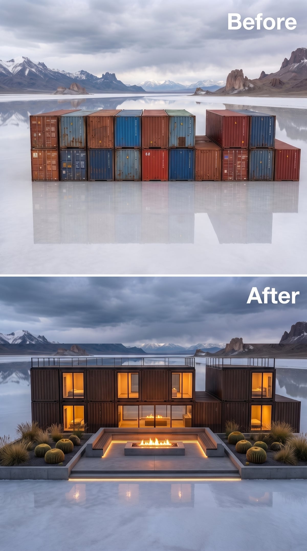Dark container cladding surrounding a sunken fire court with cactus gardens