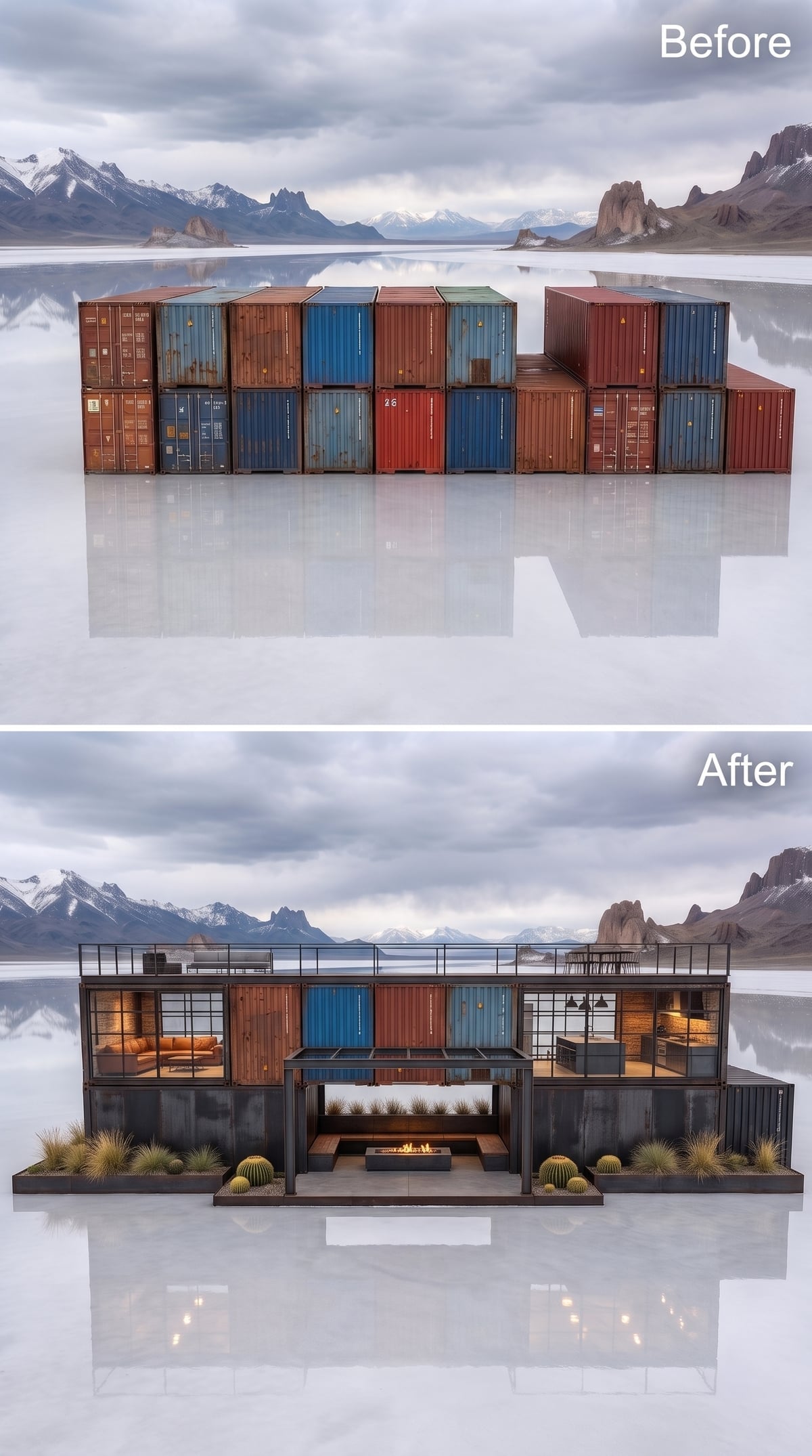 Dark steel facade with original shipping containers visible along the roofline