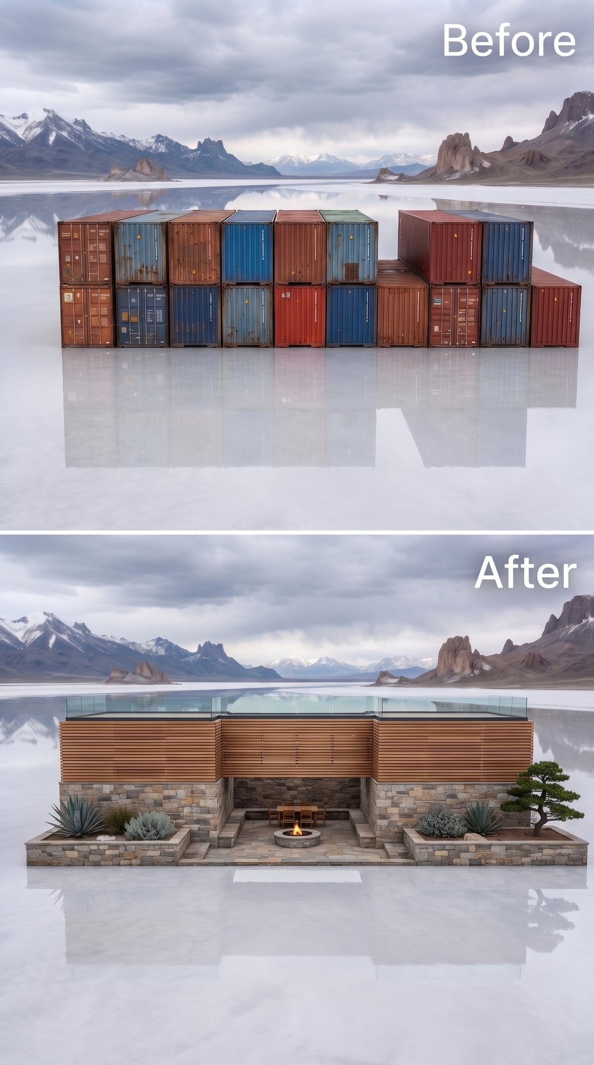 Horizontal cedar cladding, a stacked stone base and recessed fire pit on the salt flat