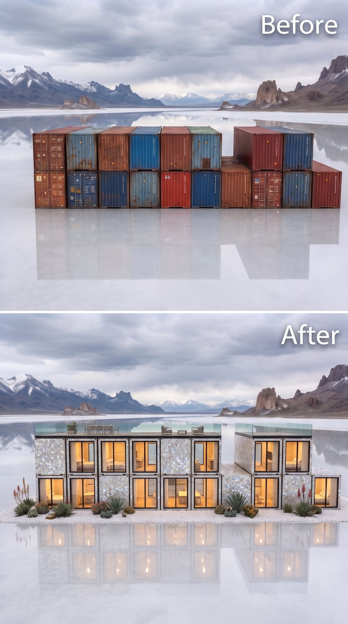 Iridescent tile, glowing interiors and a rooftop terrace reflected across the salt flat