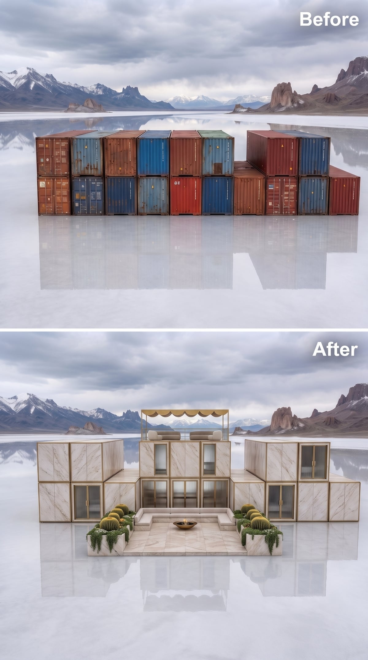 Marble-look cladding, gold trim and a copper fire bowl transform shipping containers