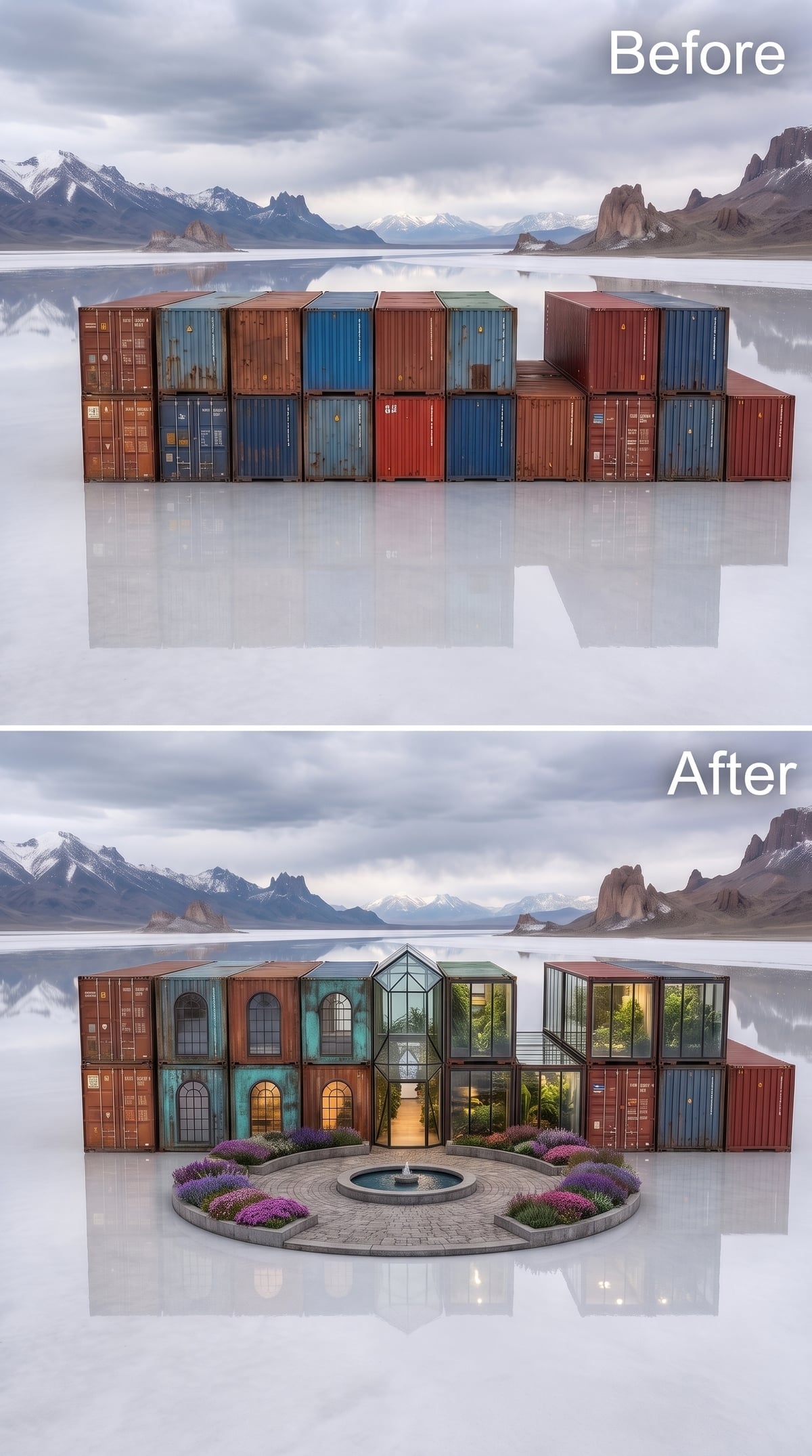 Patinated shipping containers with arched windows, a glass conservatory and lavender courtyard