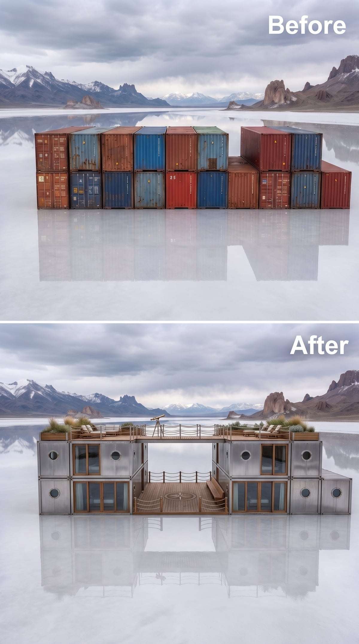 Polished steel, porthole-style windows, teak decking and a rooftop telescope
