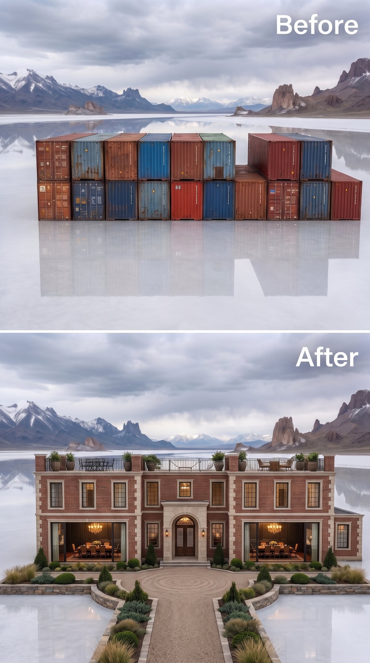 Red brick facade, symmetrical arched entry and rooftop dining on the salt flat