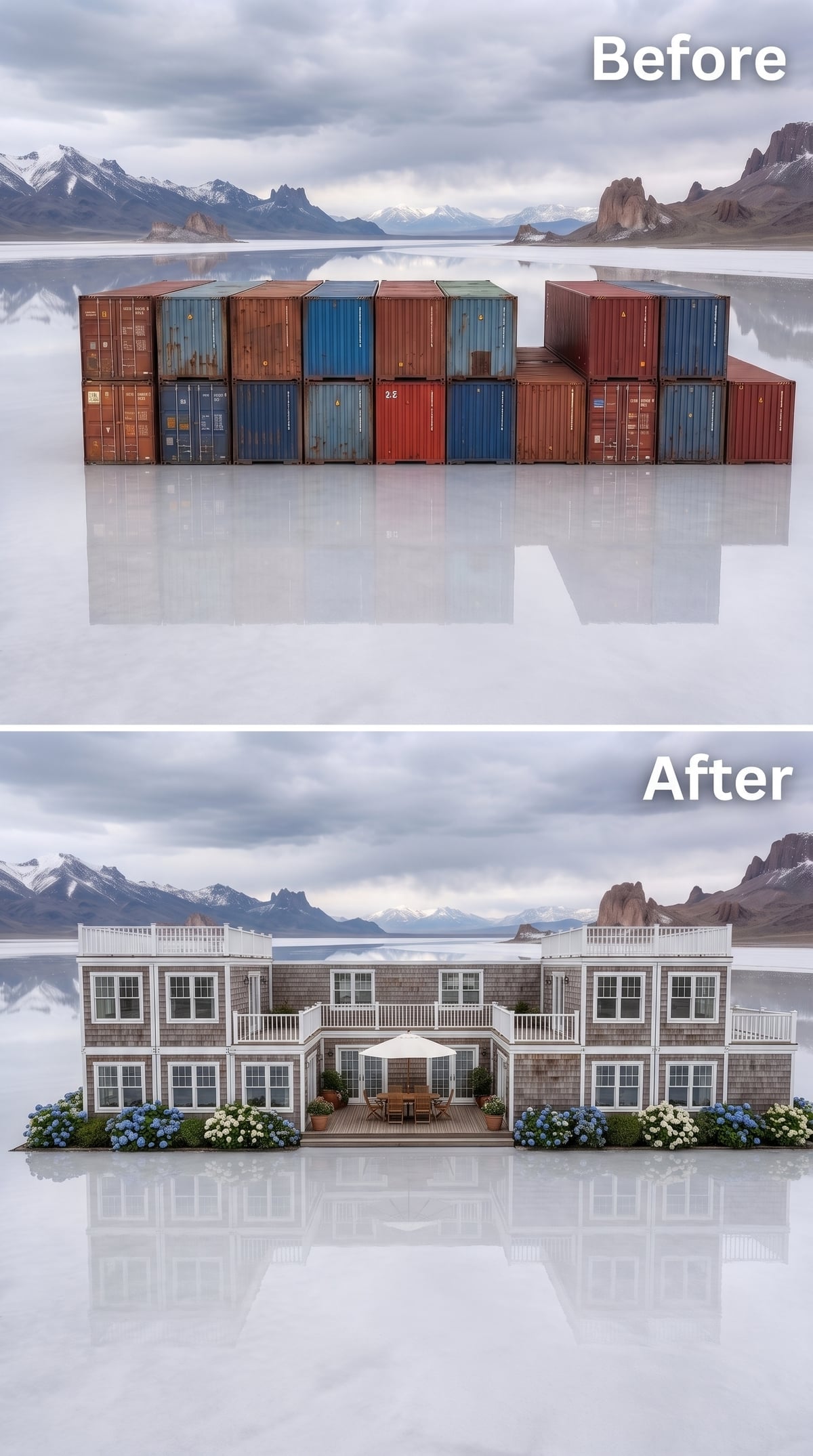 Weathered cedar shingles, hydrangea borders and rooftop decks facing the mountains