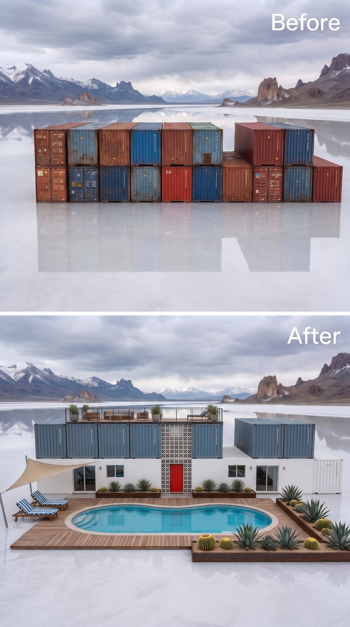 Steel-blue container volumes above white stucco with a red door and oval pool