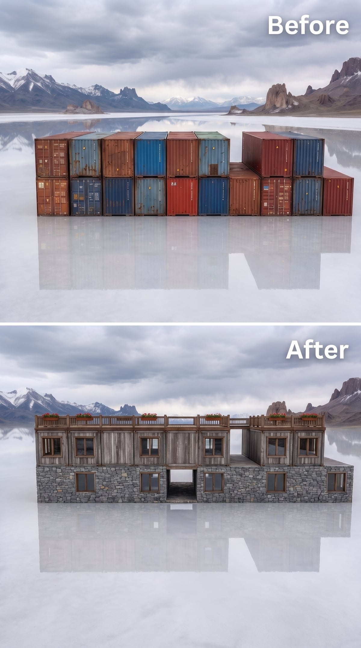 Fieldstone lower walls, cedar upper cladding and rooftop flowers on the salt flat
