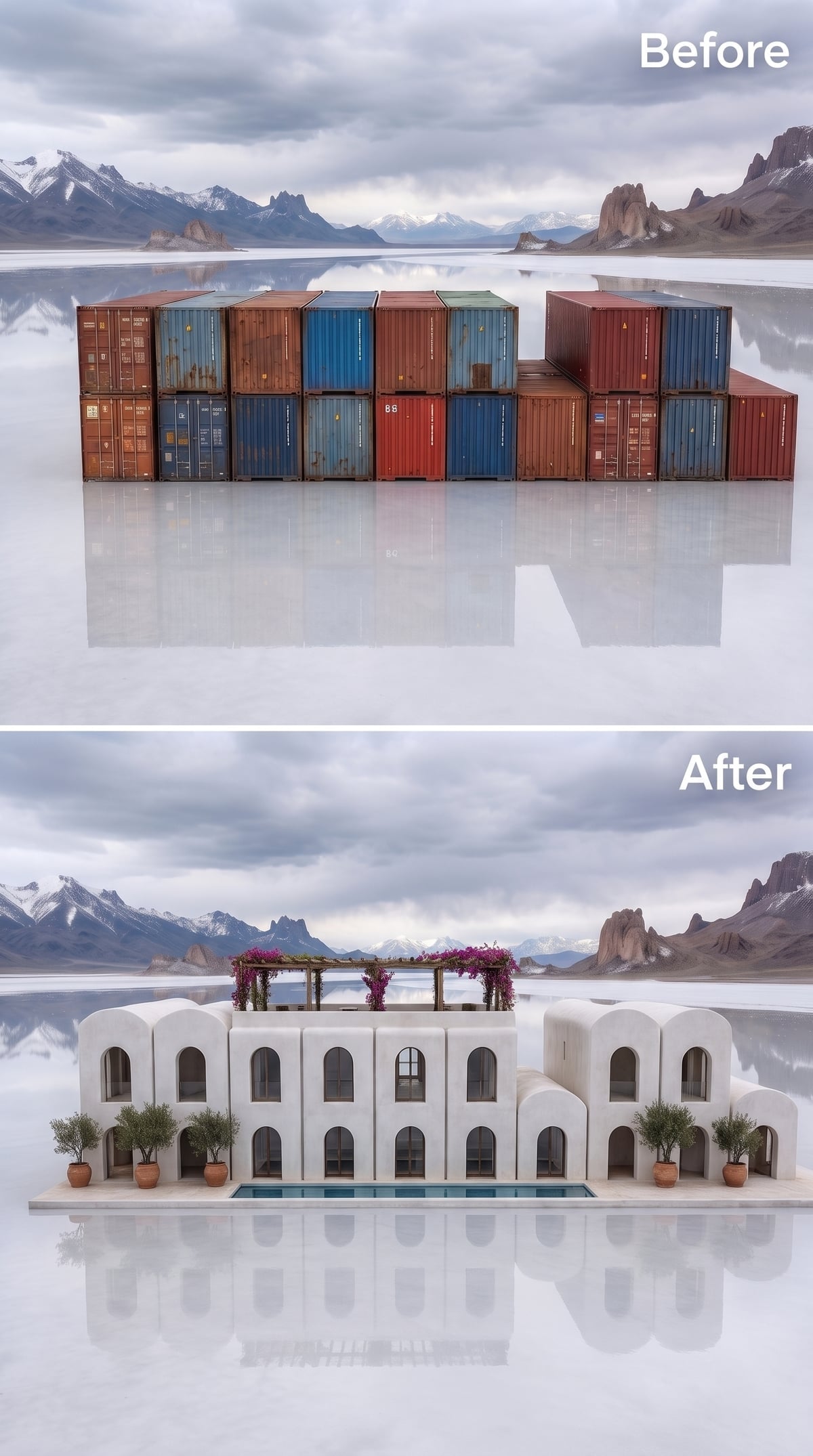Stucco arches, bougainvillea and a lap pool transform shipping containers on a salt flat