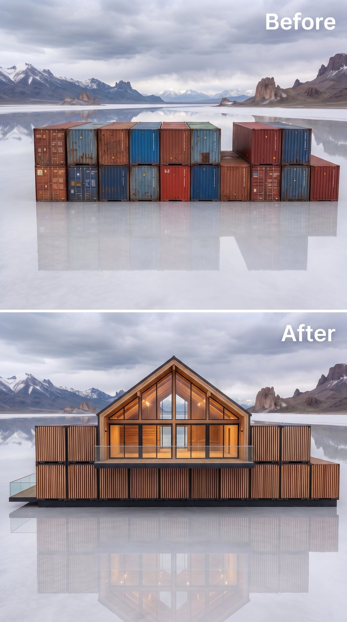Vertical cedar cladding and a dramatic gabled glass peak above shipping-container volumes