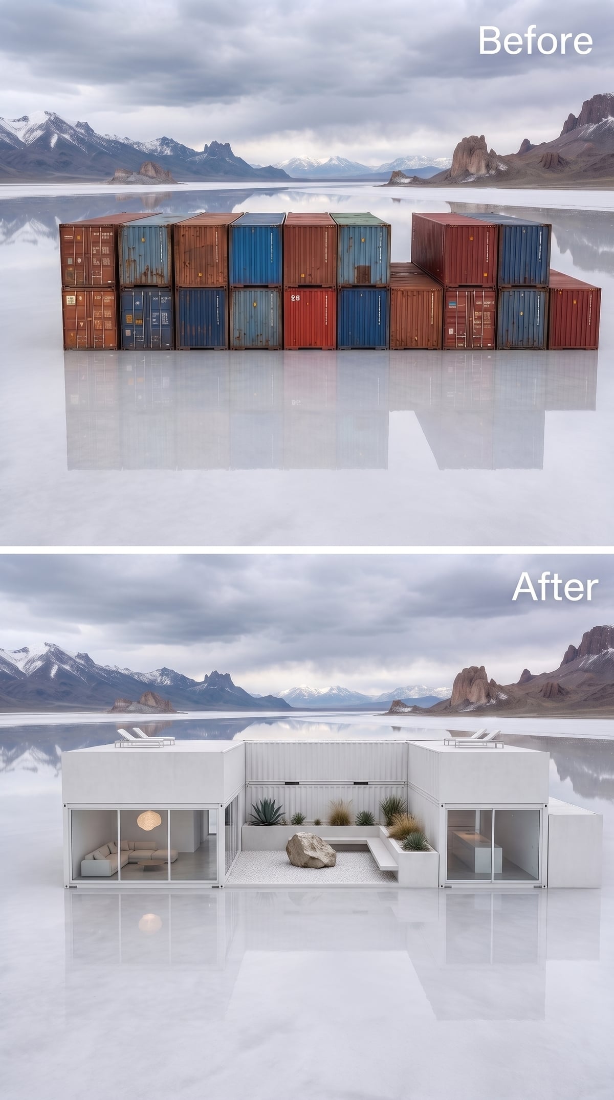 Three matte-white container volumes surrounding a minimalist courtyard with one large boulder