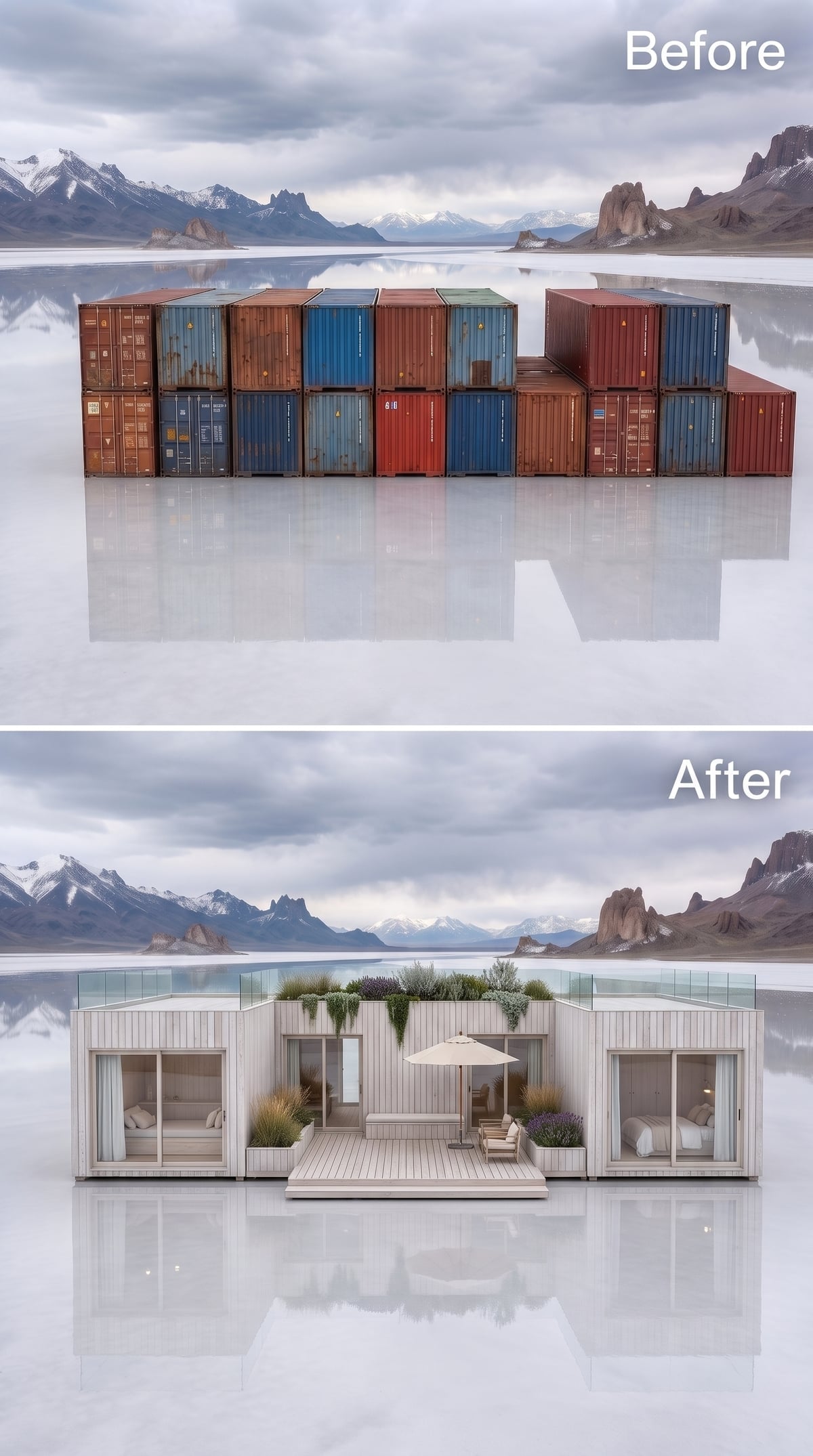 Whitewashed siding, glass parapets and lavender planters soften a shipping-container home