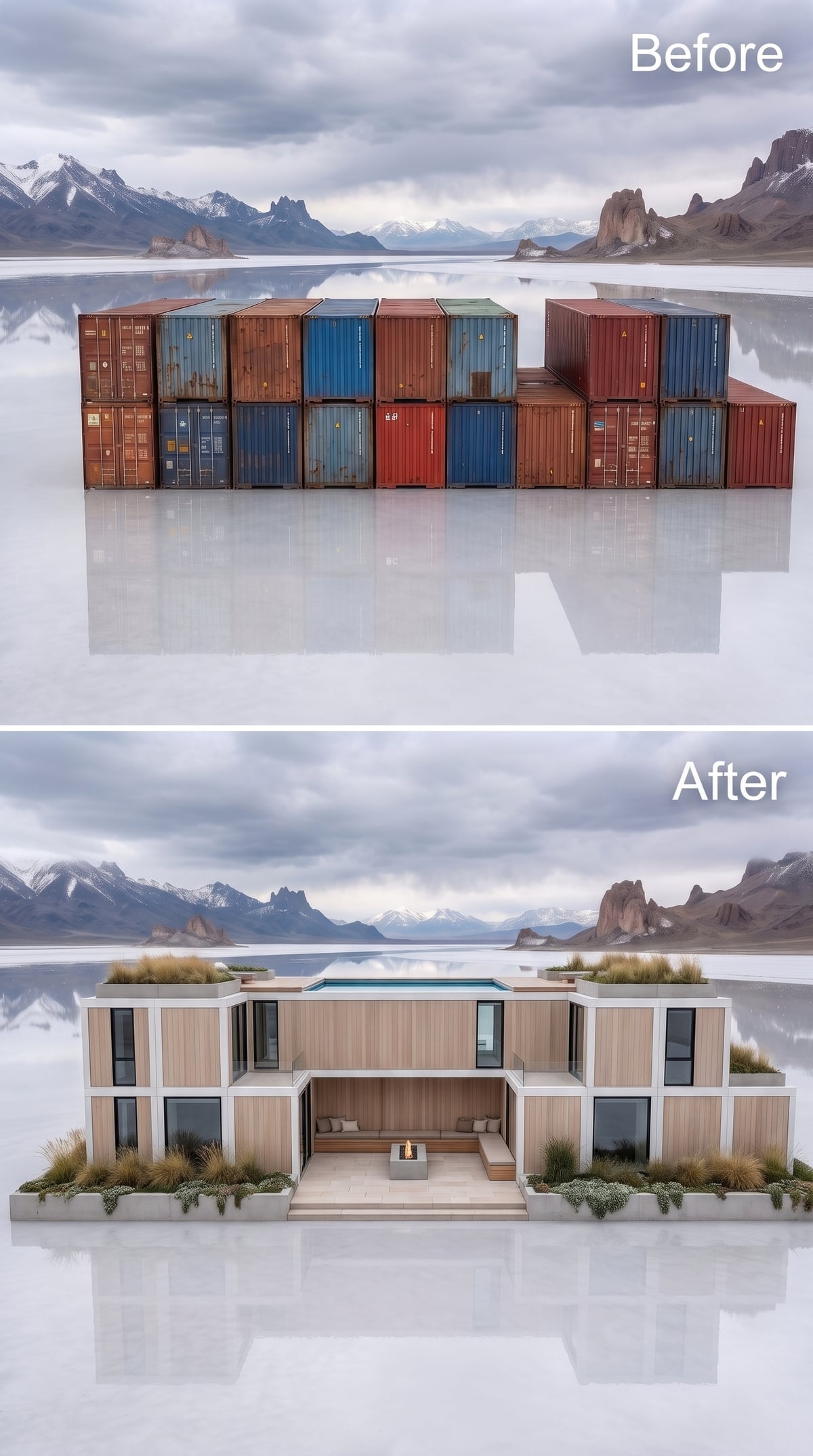 Wood-clad shipping containers with a rooftop pool and central fire-pit courtyard