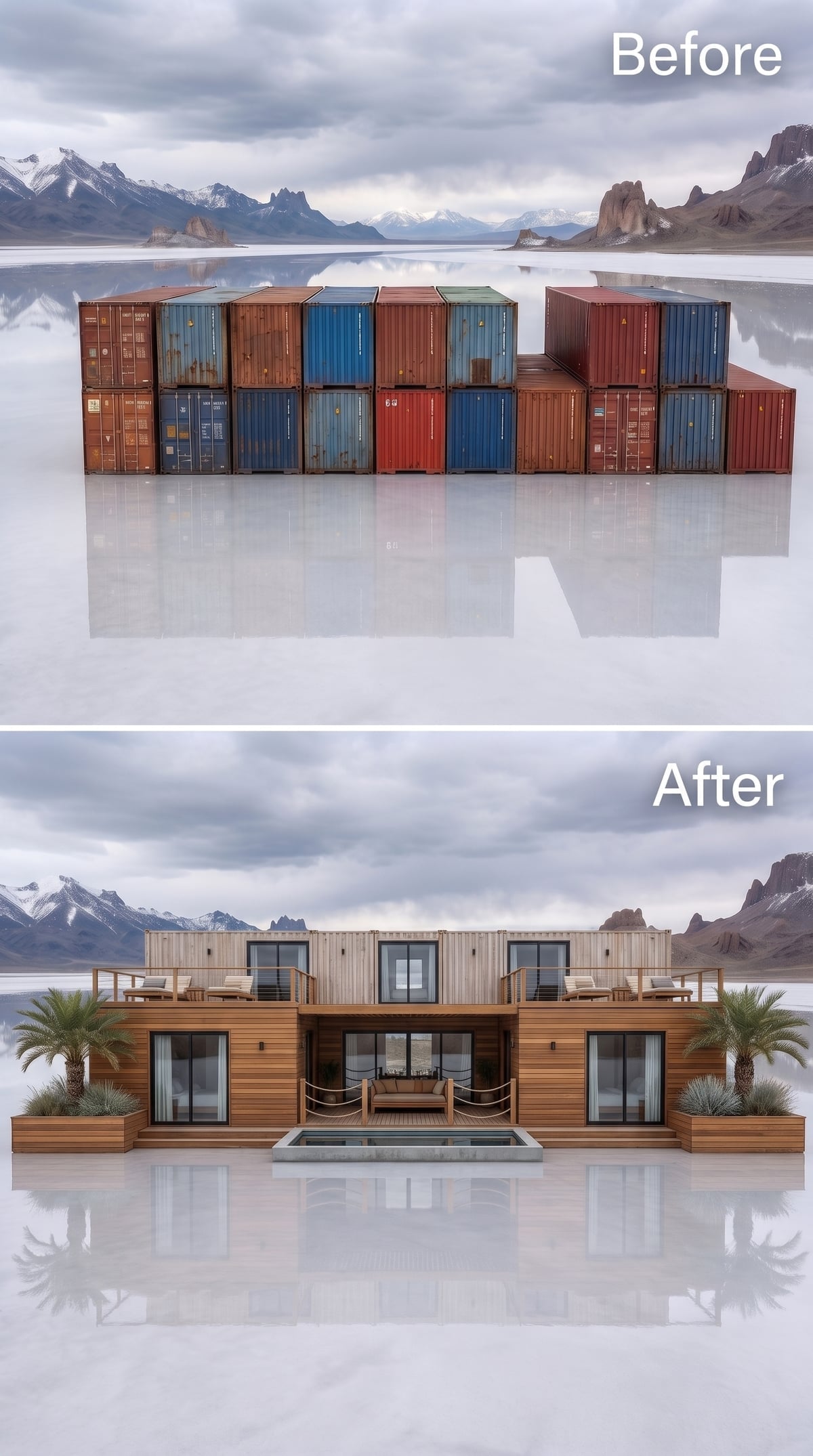 Wood-clad shipping containers with palm courts, a plunge pool and stacked outdoor living areas
