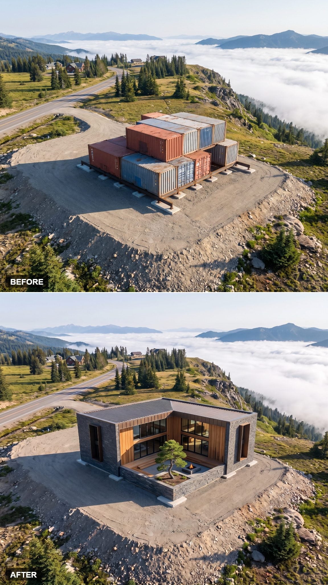 Container mountain house concept organized around a sheltered courtyard
