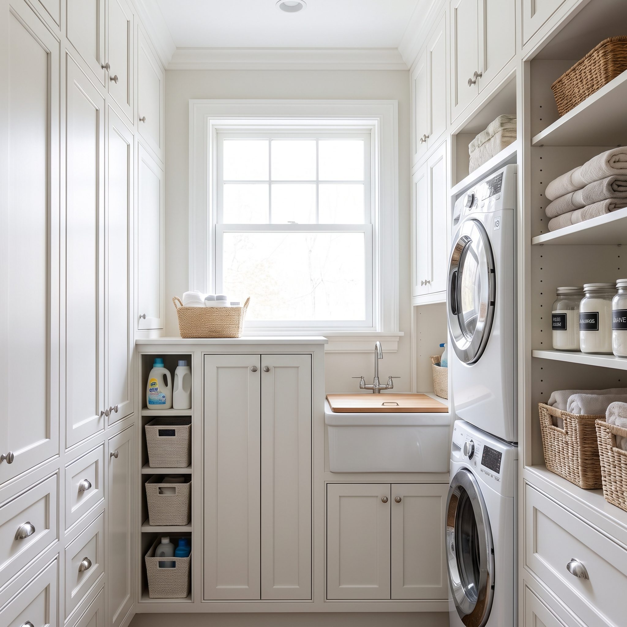 Navy laundry room walled in with cabinets and no open counter, with a laundry basket balanced on top of the washer.