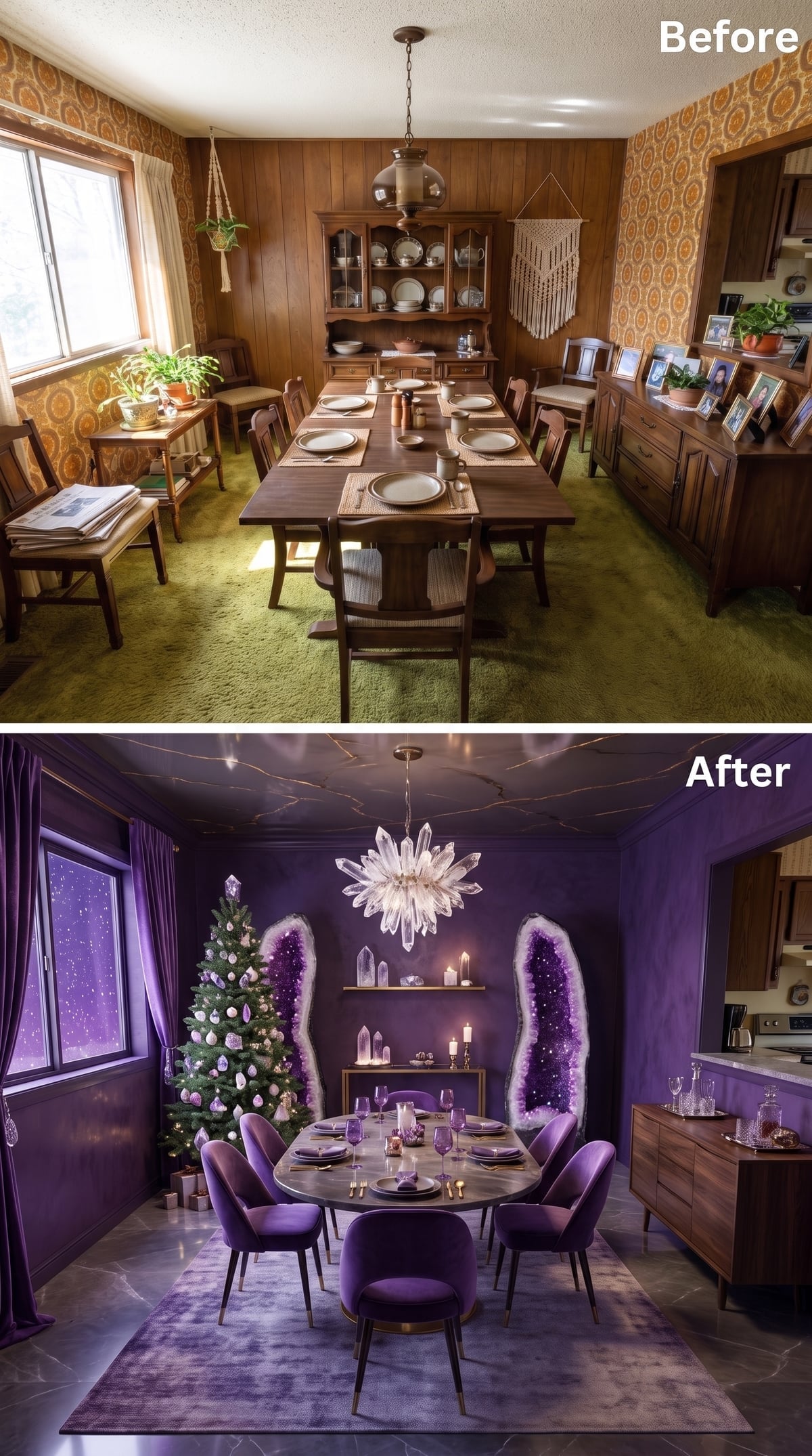 Amethyst Geodes Flanking the Wall, Velvet Chairs, and a Crystal Chandelier Worth Staring At