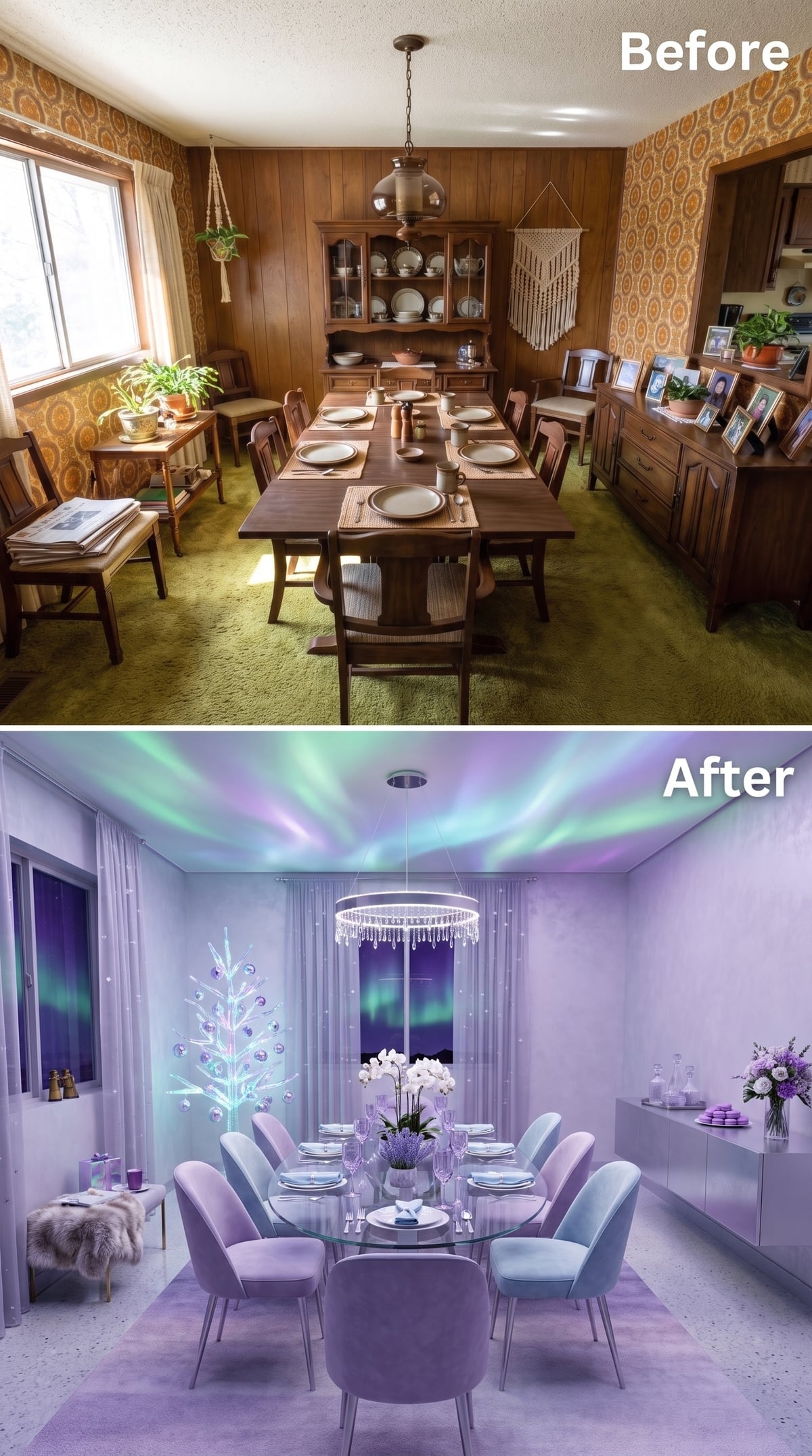 Aurora Borealis on the Ceiling, Lavender Velvet at the Table, and Crystal Light Overhead