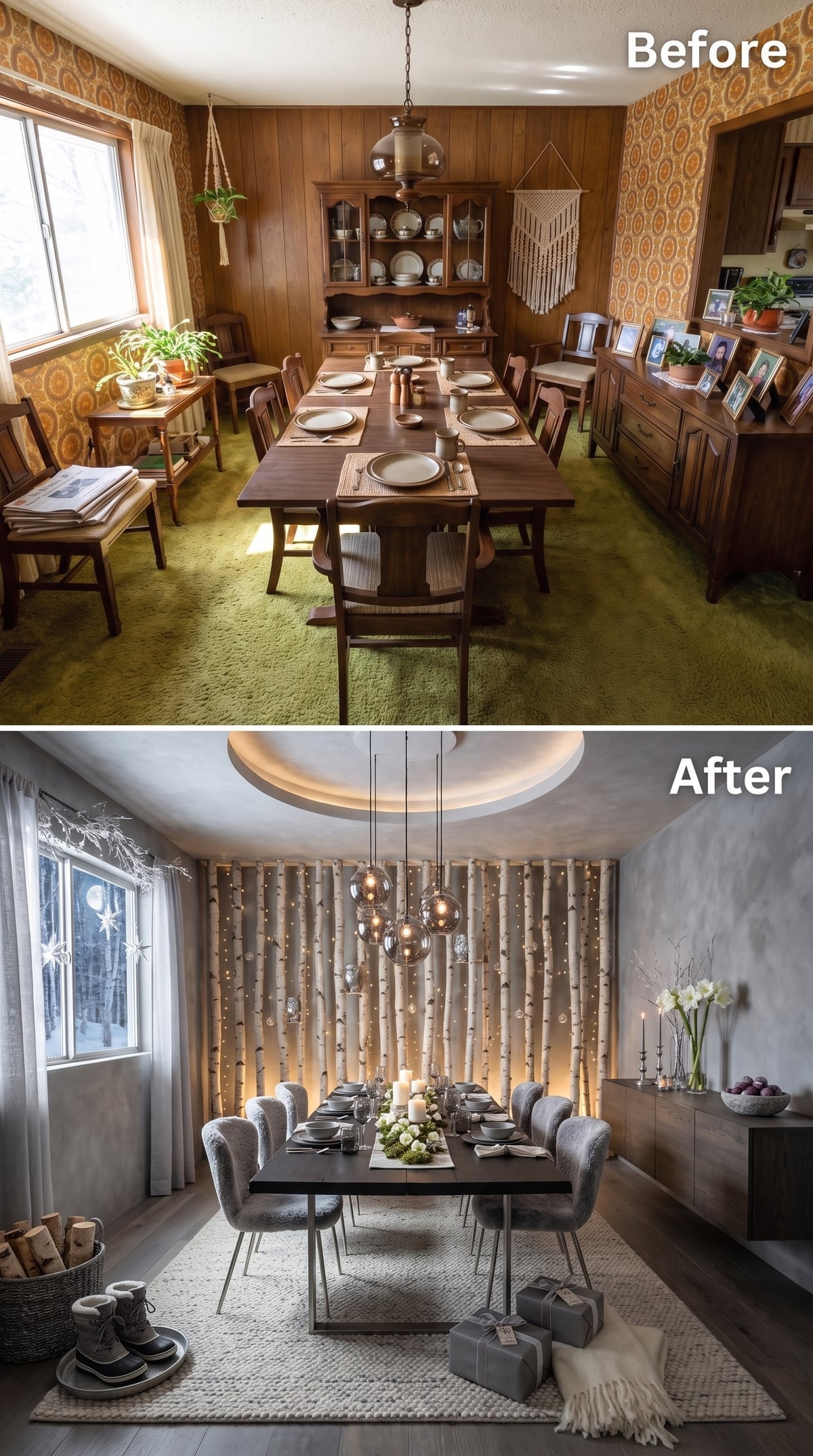 Birch Trunks, Globe Pendants, and a Tray Ceiling That Pulls the Room Together