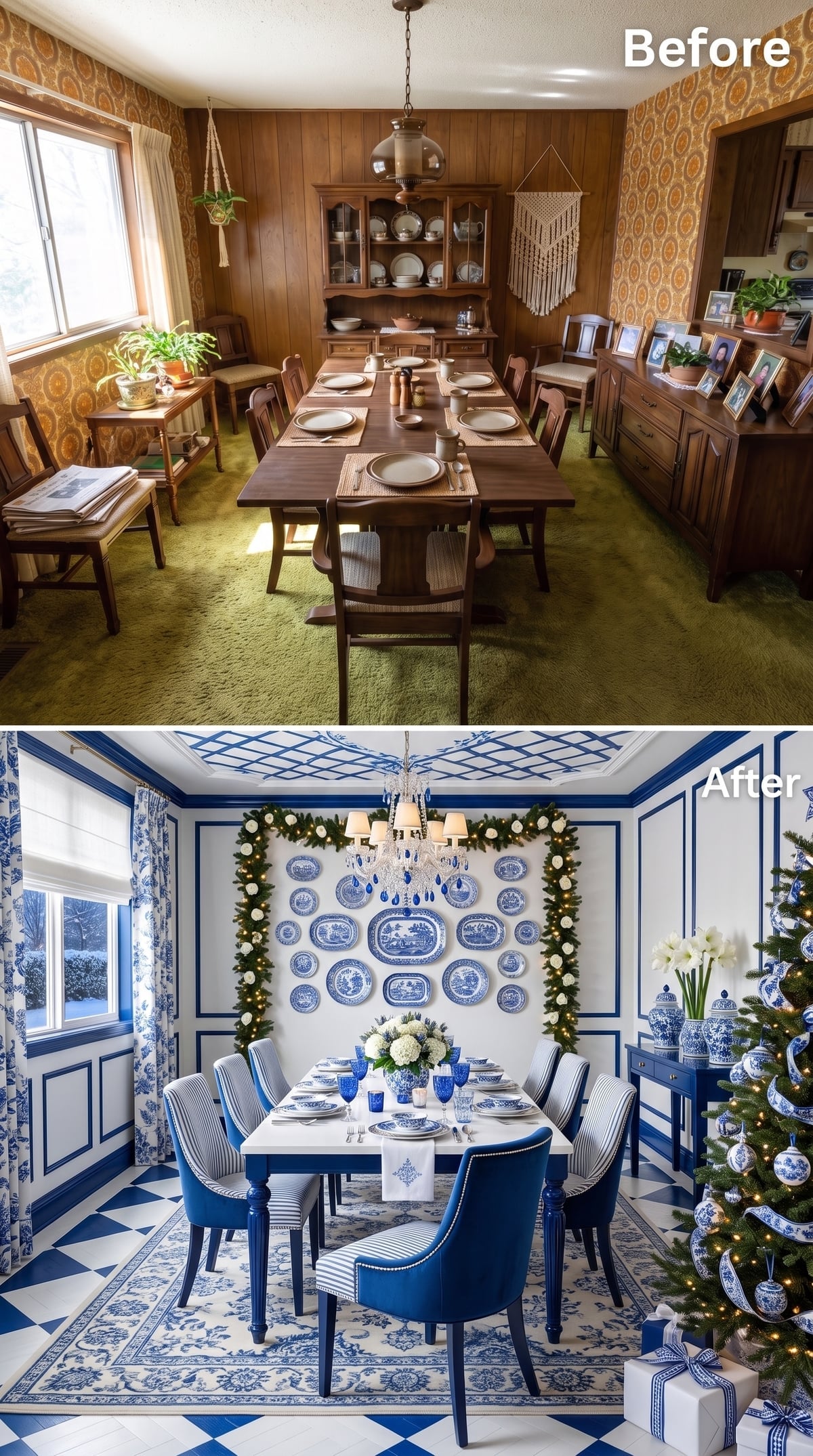 Blue and White Willow, Panel Molding, and a Chandelier That Dressed the Whole Room Up