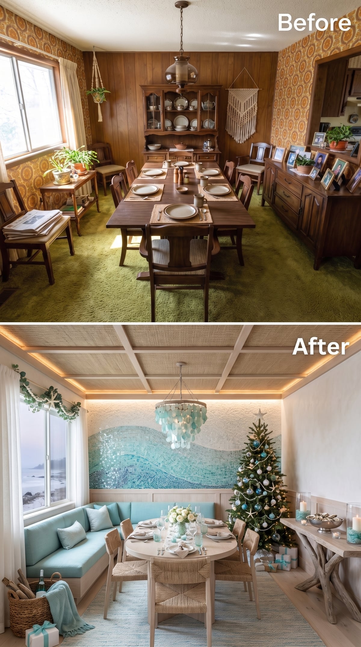 Capiz Chandelier, Ocean Mosaic, and a Coffered Ceiling That Reframes the Whole Room