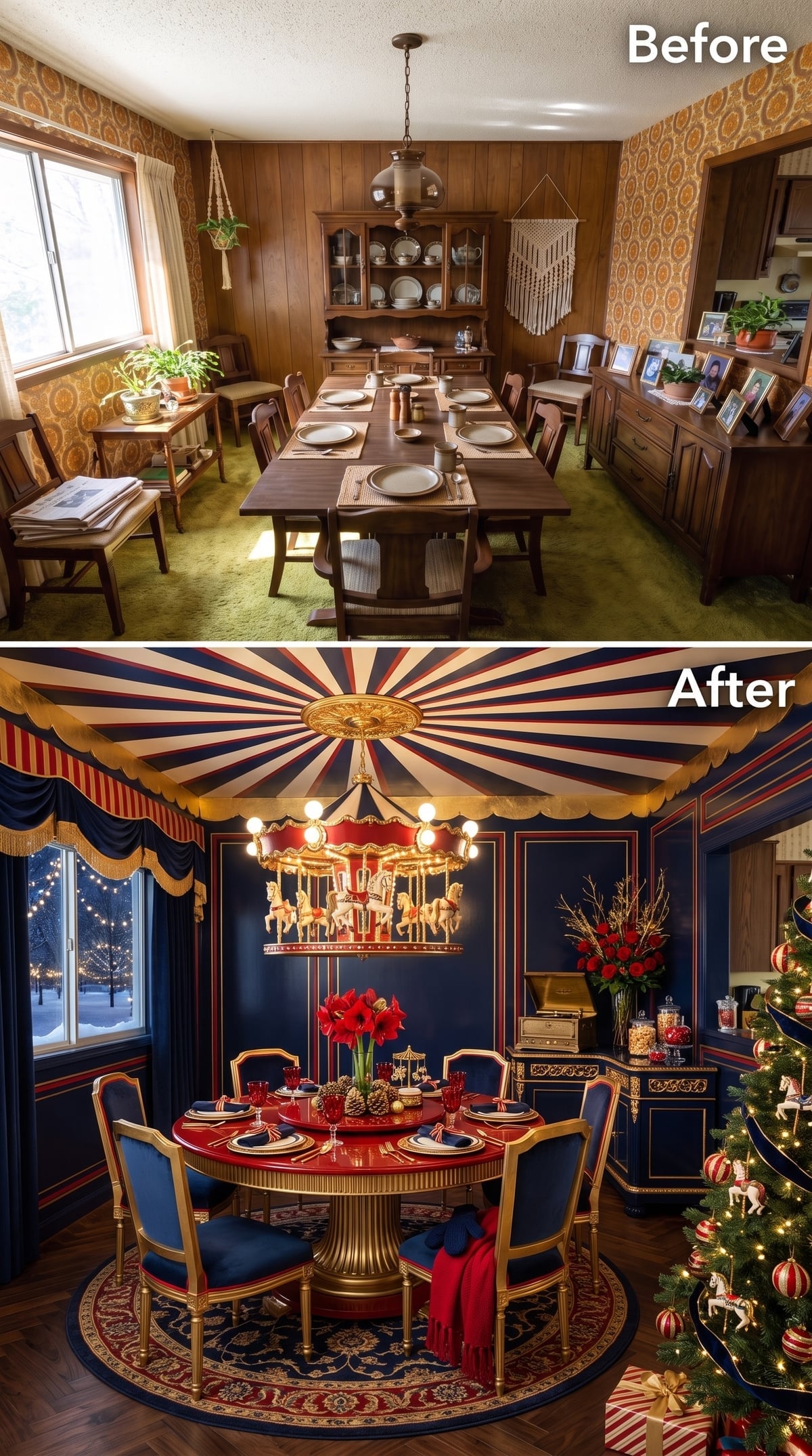 Carousel Chandelier, Navy Panels, and a Ceiling That Steals the Show