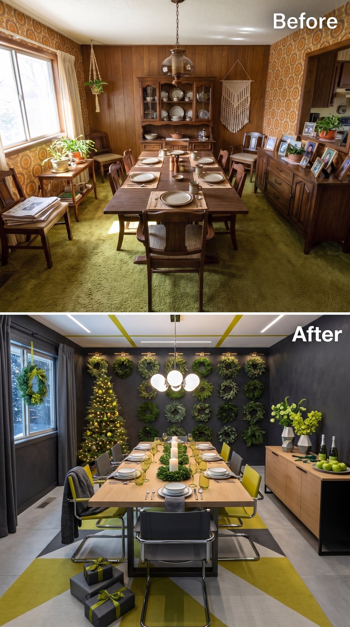 Charcoal Walls, Wreath Grid, Chrome Chairs: Holiday Drama Done Right