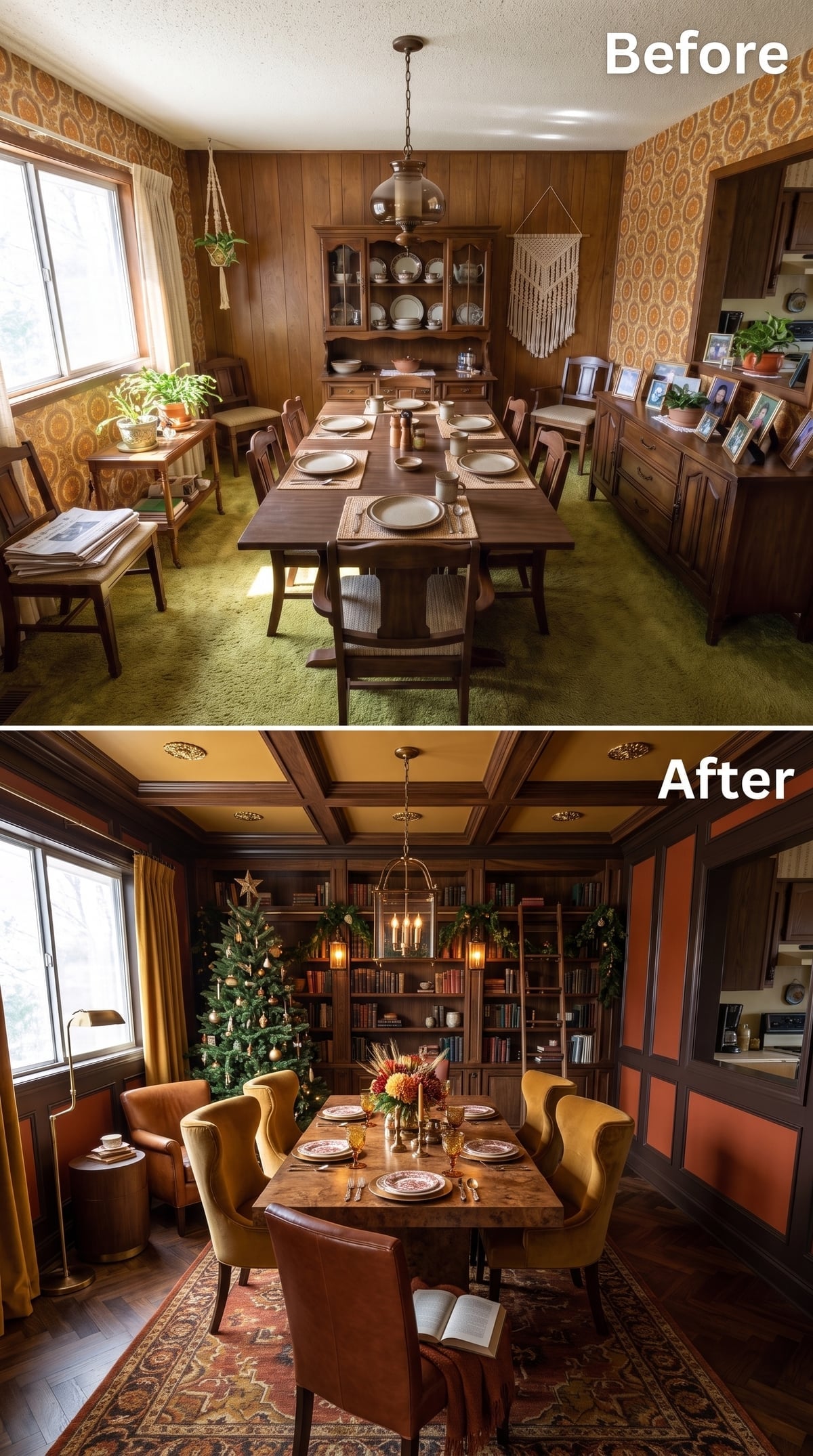 Coffered Ceiling, Mustard Velvet, and Bookshelves That Mean Business