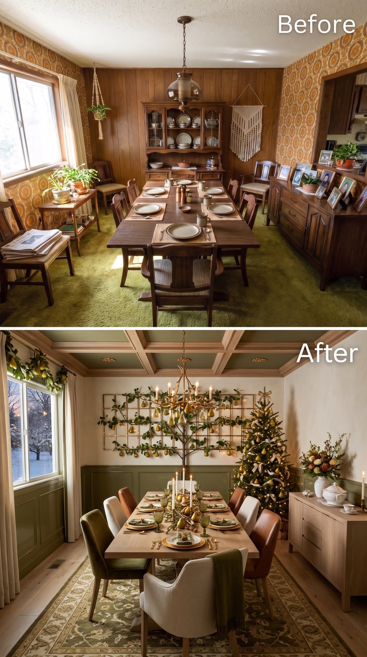 Coffered Ceiling, Pear Wall Art, and Mismatched Chairs That Actually Work Together