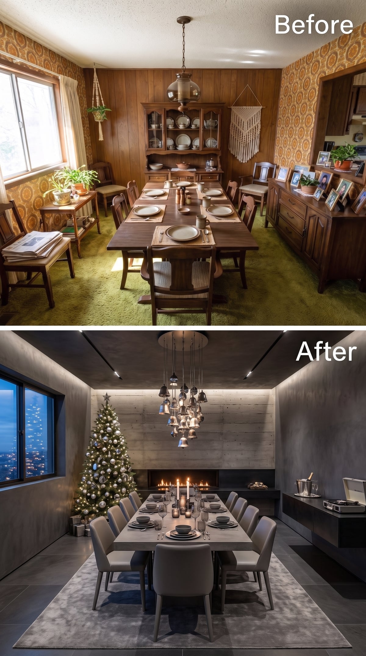 Concrete Walls, Bell Cluster Pendant, and a Fireplace That Anchors Christmas Night