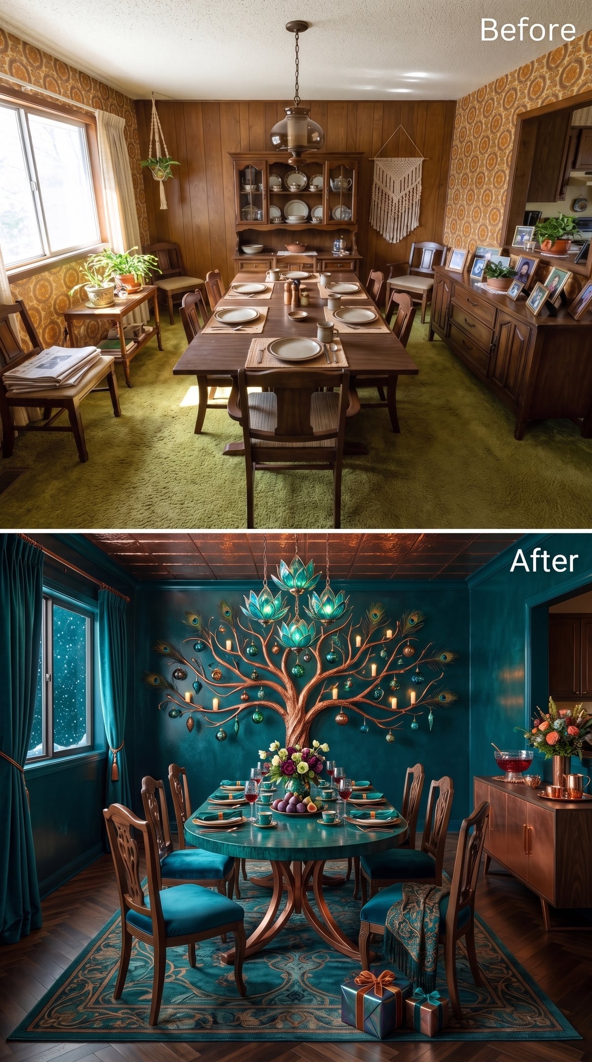 Copper Tree Wall Art, Teal Velvet Chairs, and Lotus Pendants That Glow Like Candles
