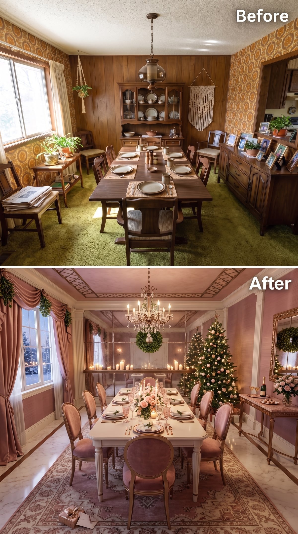 Crystal Chandelier, Dusty Rose Velvet, and Candlelight Layered Across Every Surface