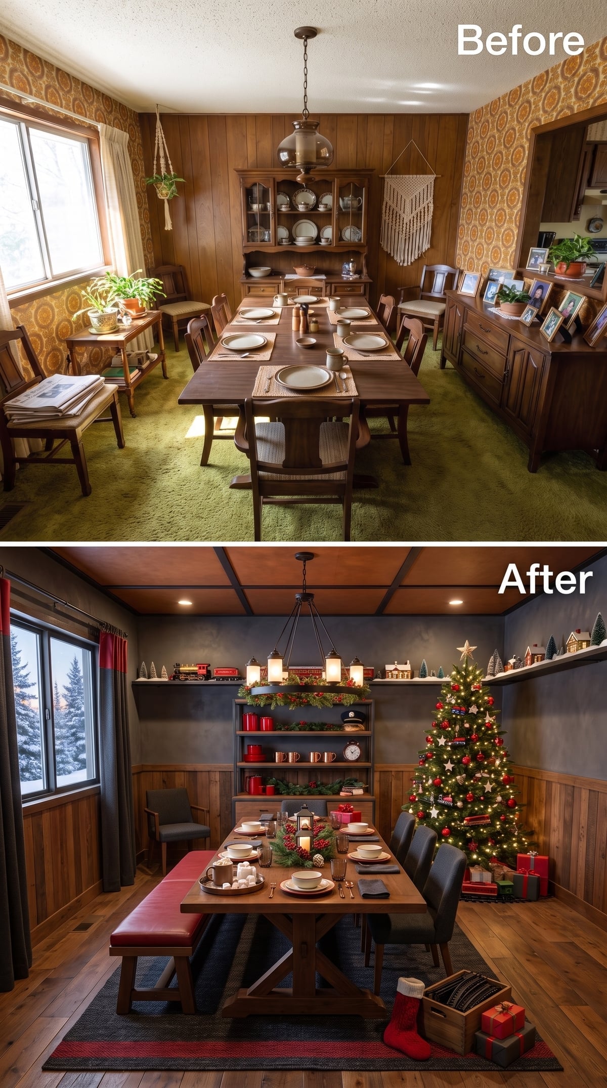 Dark Walls, Candlelit Shelving, and a Christmas Tree That Owns Its Corner