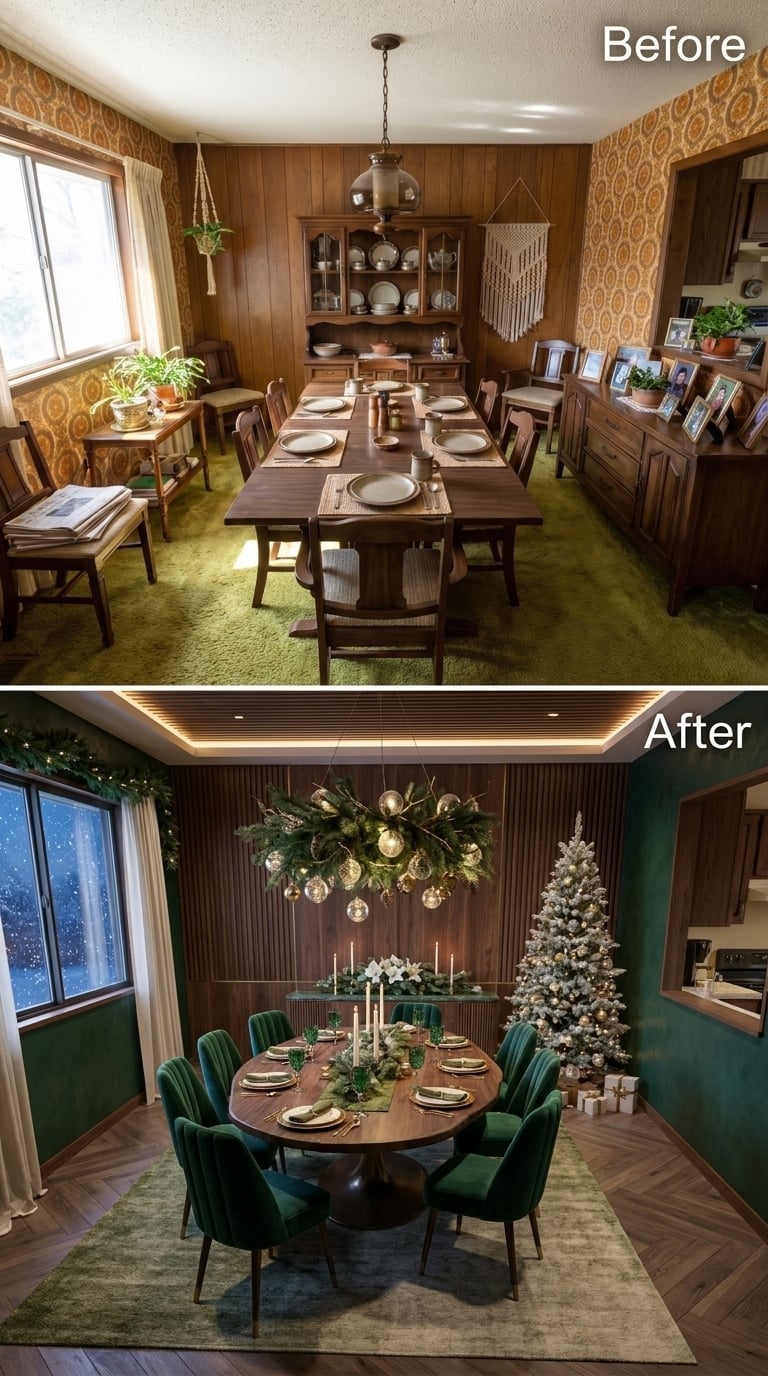 Fluted Walnut Panels, Emerald Velvet, and a Chandelier Built from Pine Boughs